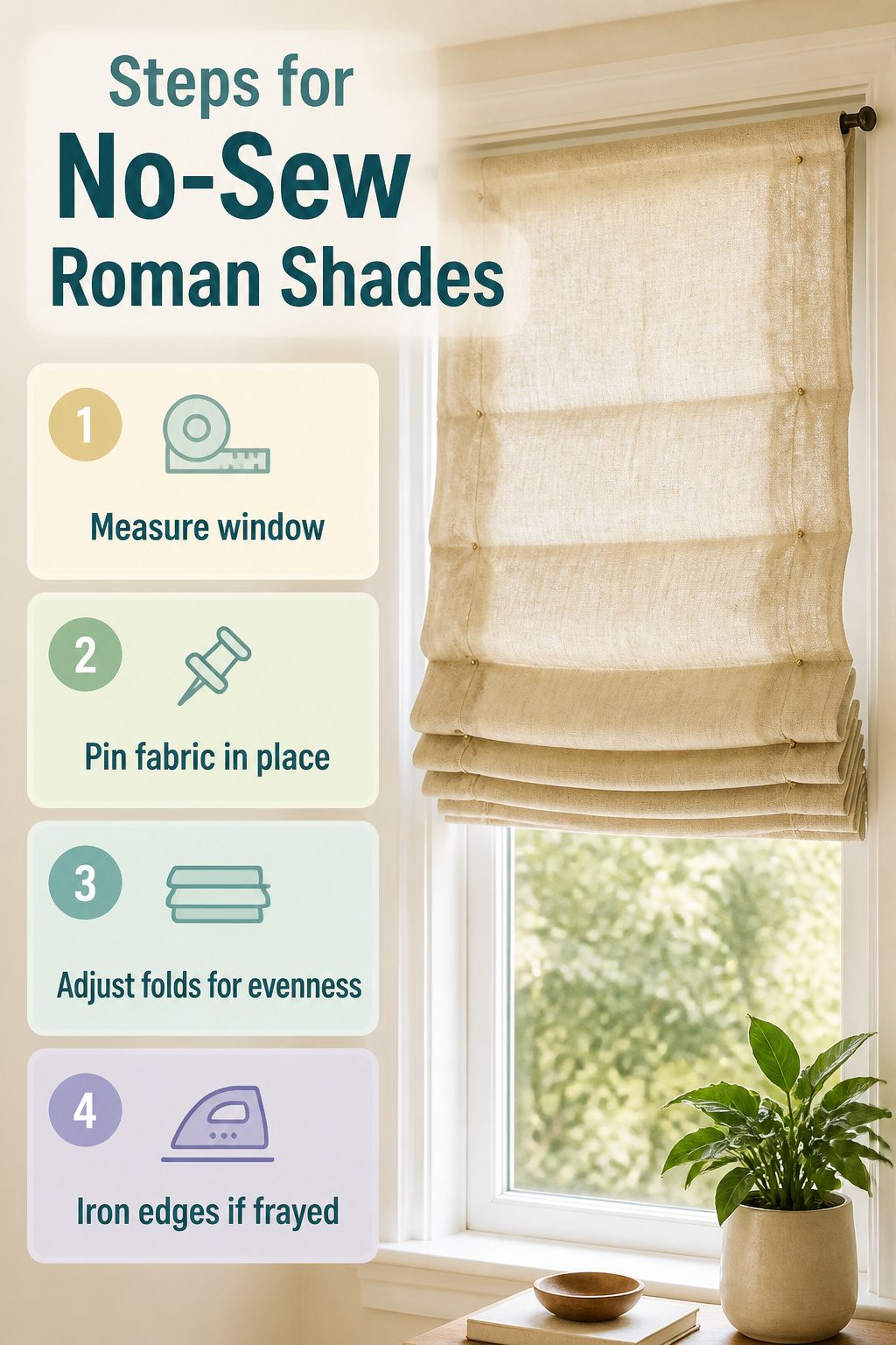 A no-sew Roman shade pinned into folds at a window.