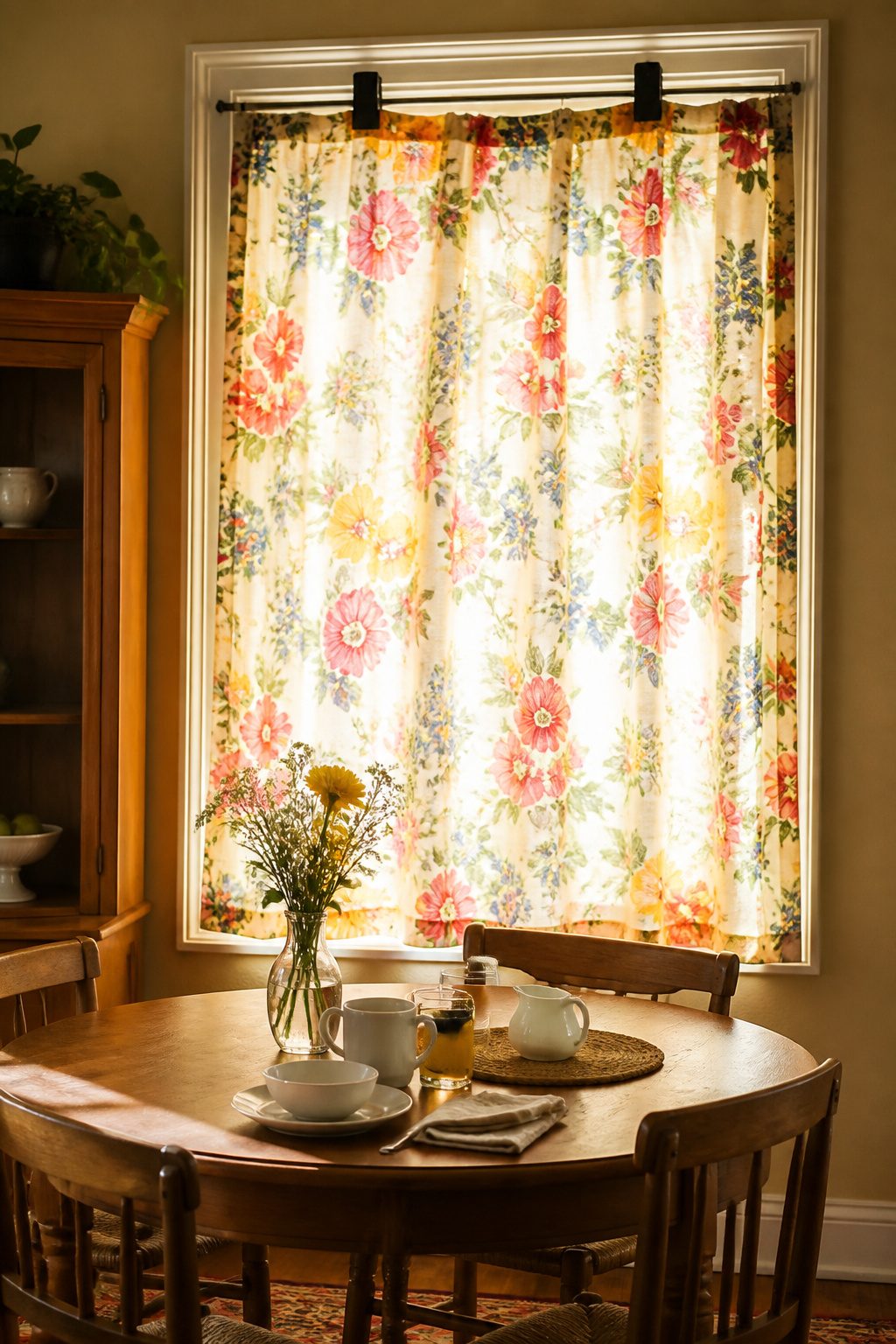 A tablecloth used as a curtain in a cheerful dining area.