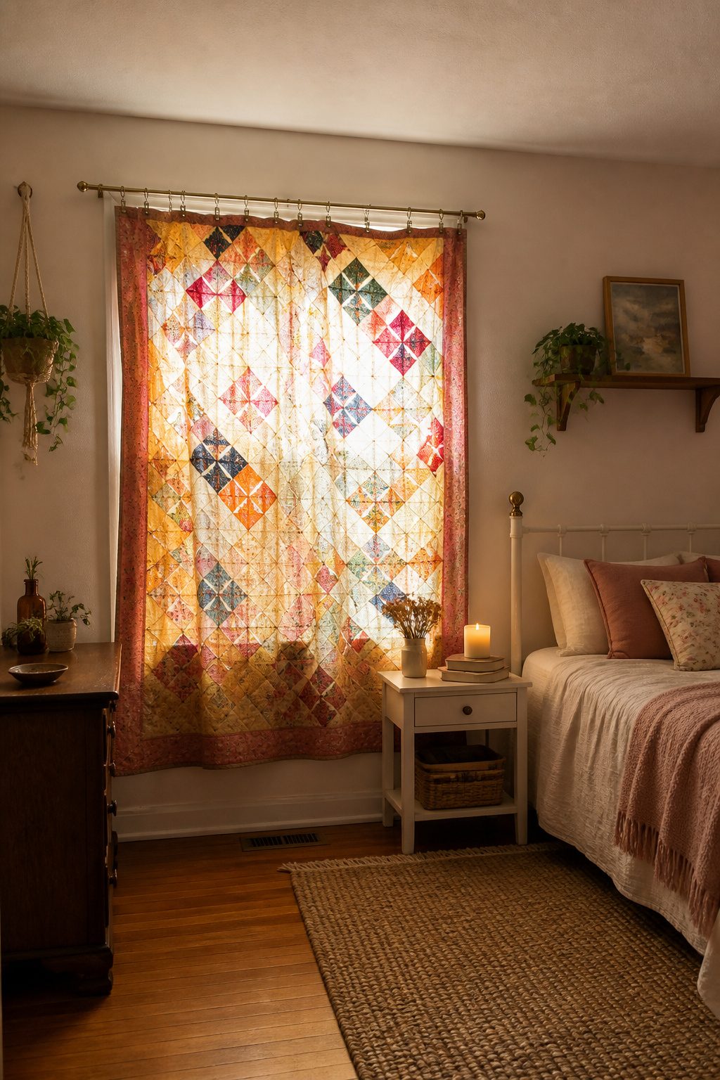 A vintage quilt displayed as a curtain covering a window.