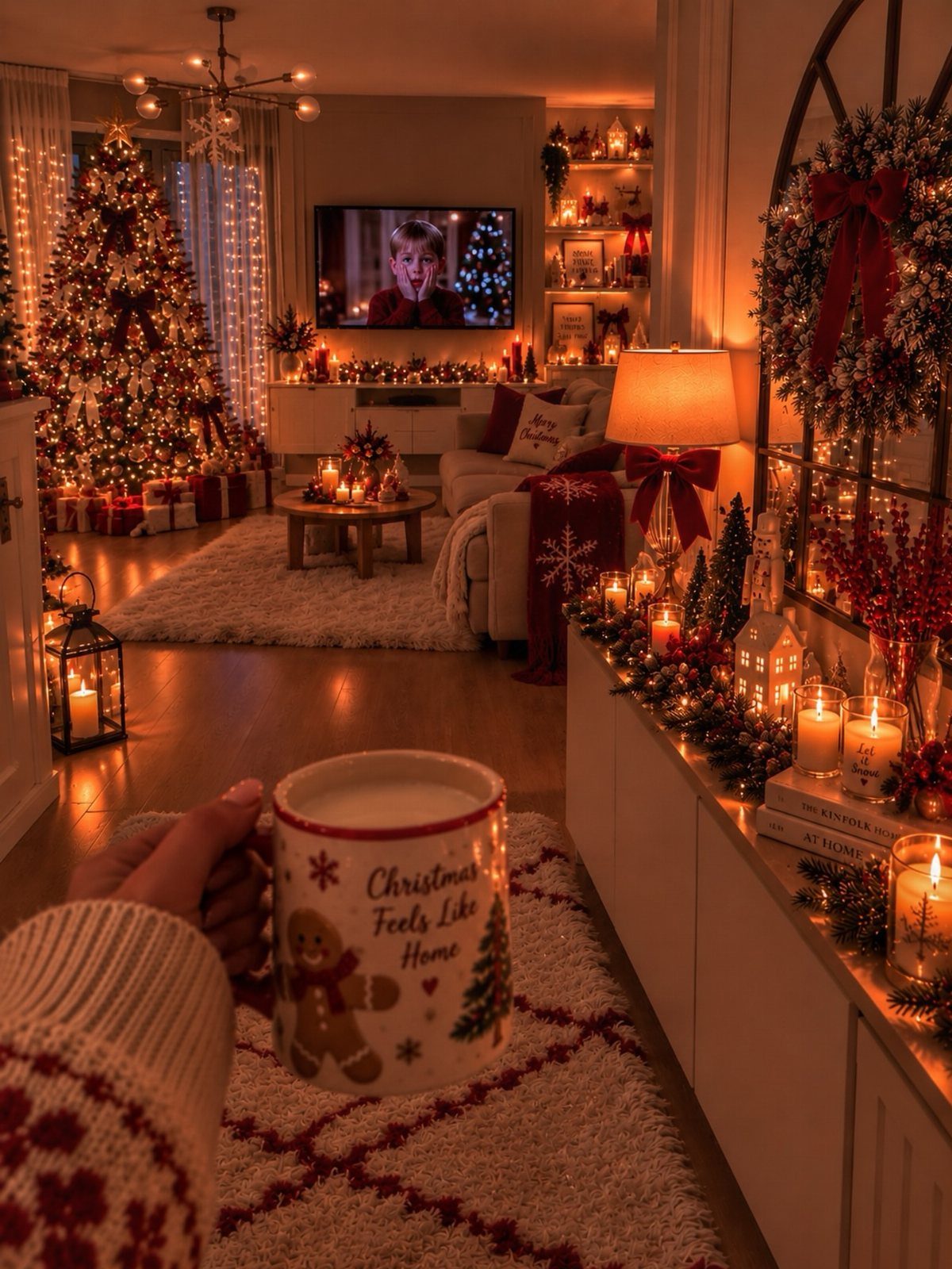 25 Christmas Decor Apartment Ideas That Maximize Space 8 A cozy living room filled with Christmas decorations, glowing candles, and a lit tree.