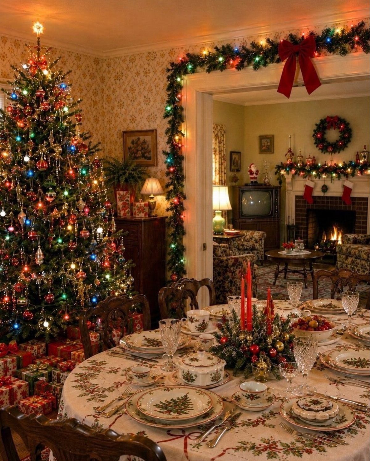 25 Christmas Decor Apartment Ideas That Maximize Space 20 A decorated Christmas tree stands beside a festive dining table in a warm, holiday-themed room.