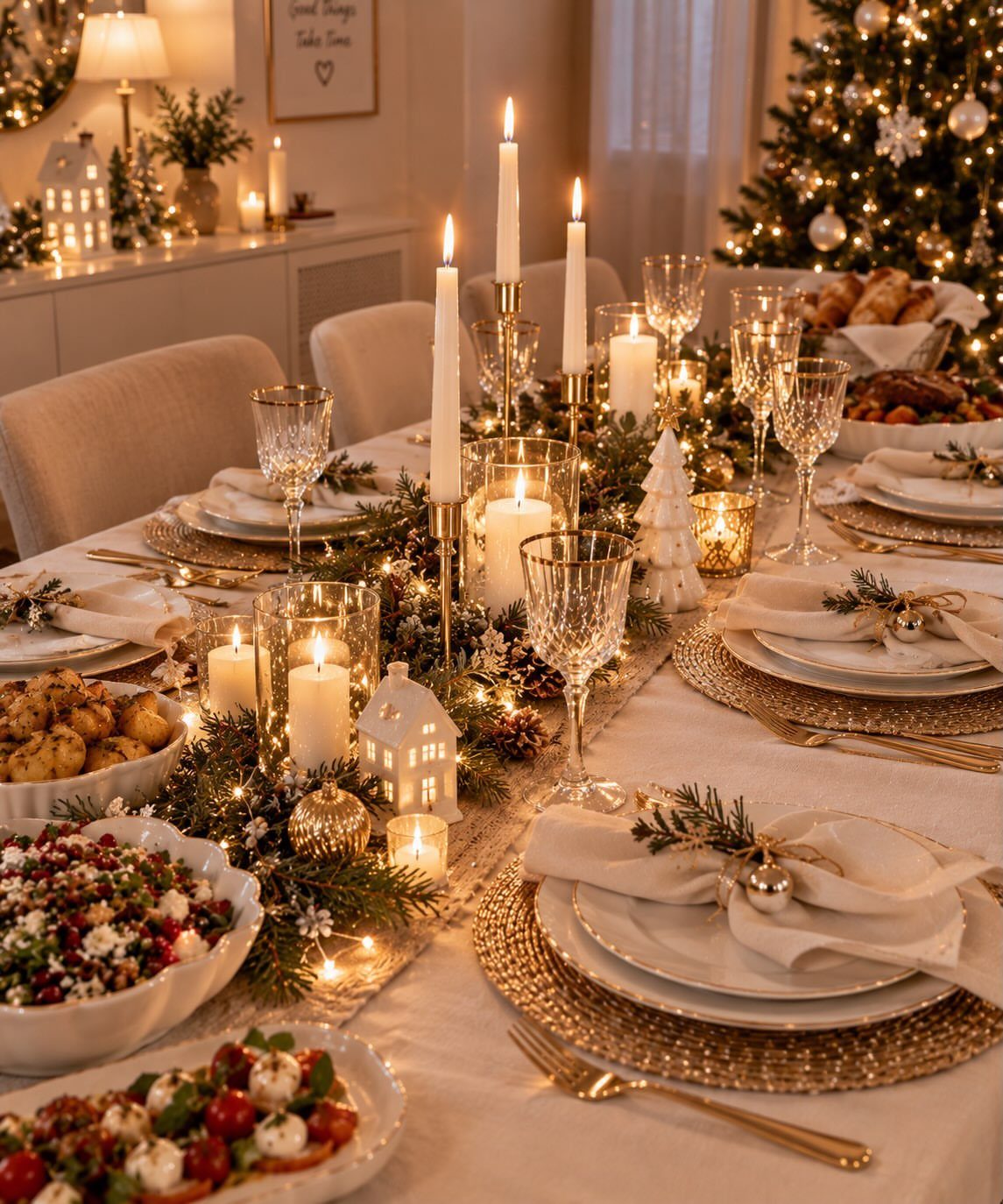25 Christmas Decor Apartment Ideas That Maximize Space 11 A long evergreen garland decorated with candles and lights runs down the center of a festive dining table.