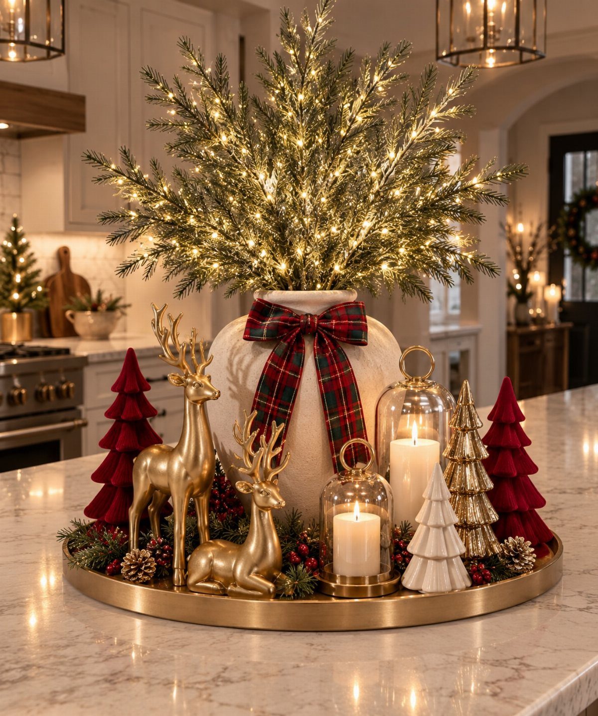 25 Christmas Decor Apartment Ideas That Maximize Space 16 Gold reindeer, red trees, and lit candles arranged on a tray with greenery and a large vase.