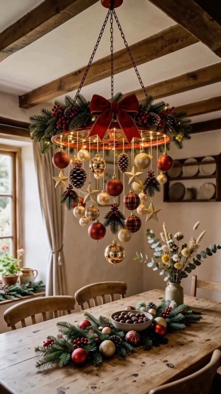 25 Christmas Decor Apartment Ideas That Maximize Space 14 A festive chandelier decorated with greenery, a red bow, and hanging Christmas ornaments over a dining table.
