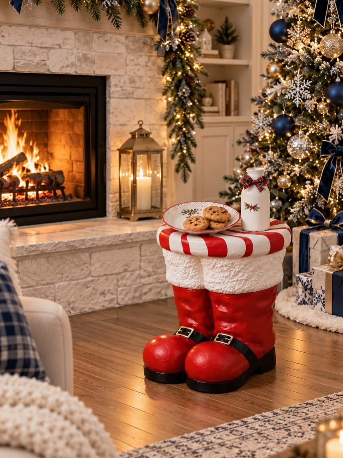 25 Christmas Decor Apartment Ideas That Maximize Space 3 Red Santa boot shaped decorative stool holding a plate of cookies and milk near a fireplace.