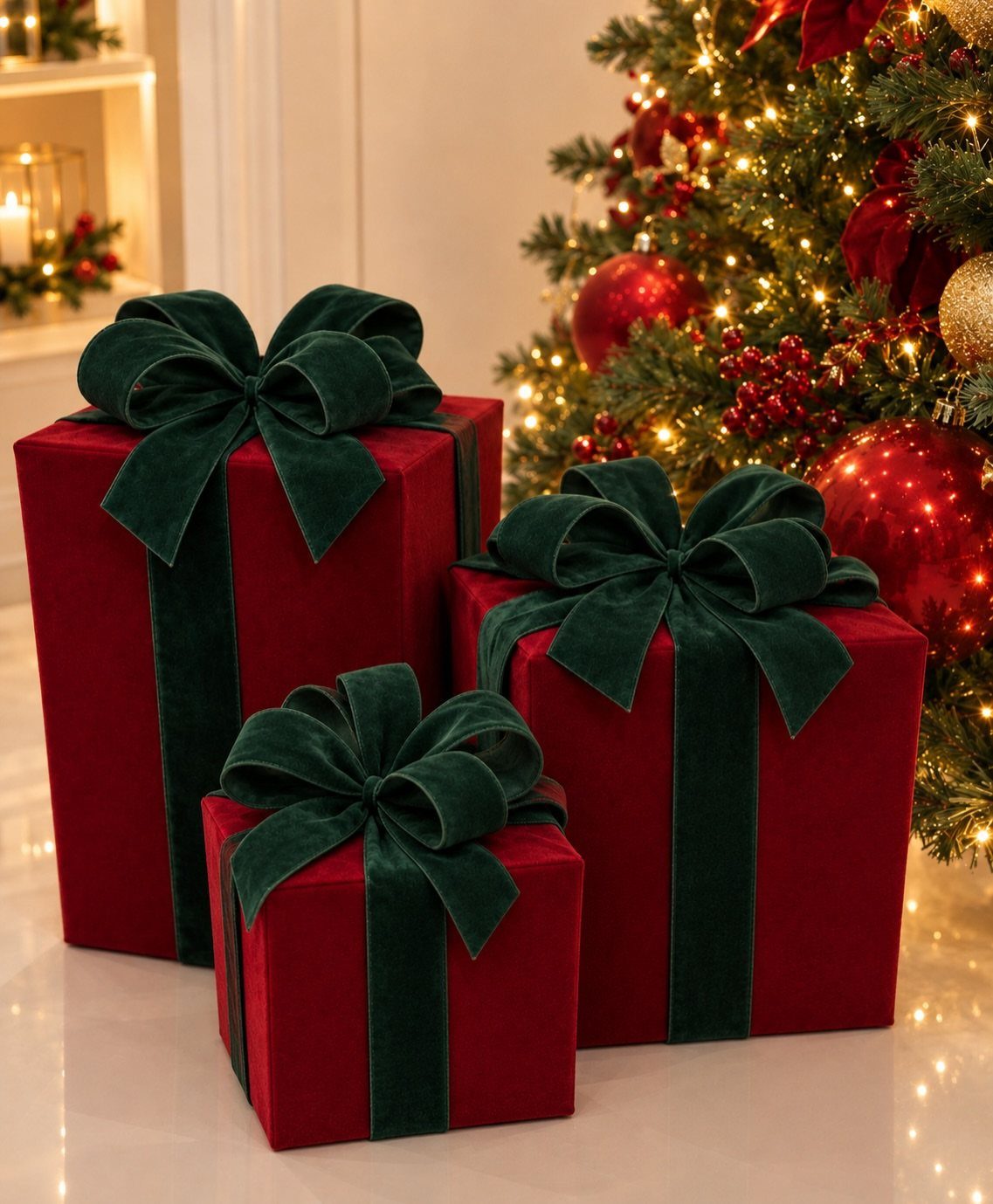 25 Christmas Decor Apartment Ideas That Maximize Space 1 Three red velvet gift boxes with large green velvet bows sit beside a glowing Christmas tree.