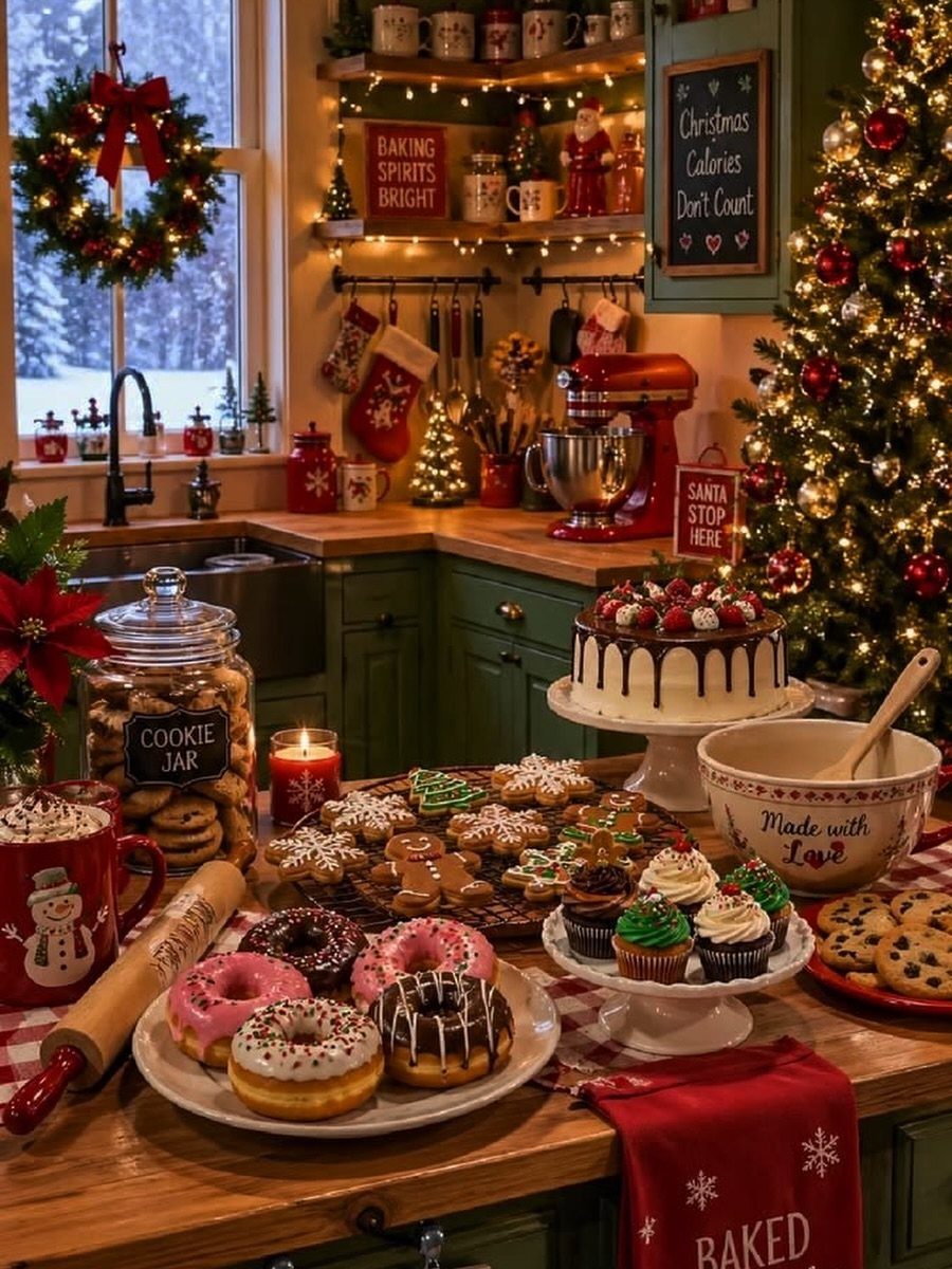 21 Christmas Decor Inspiration Ideas for Your Whole Home 2026 10 Assorted holiday desserts including donuts, cupcakes, and cake arranged on a festive kitchen counter.