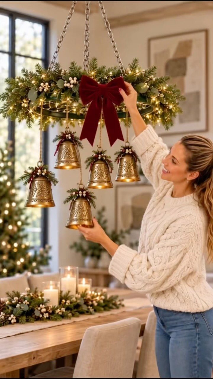21 Christmas Decor Inspiration Ideas for Your Whole Home 2026 13 Woman adjusting a lighted evergreen garland wreath with gold bells hanging from a chandelier.
