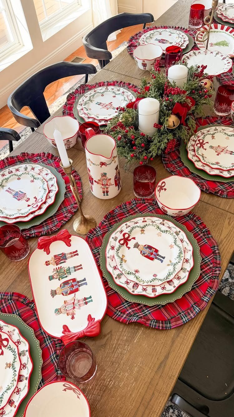 21 Christmas Decor Inspiration Ideas for Your Whole Home 2026 8 Nutcracker themed holiday dinnerware and plaid placemats set on a wooden dining table.