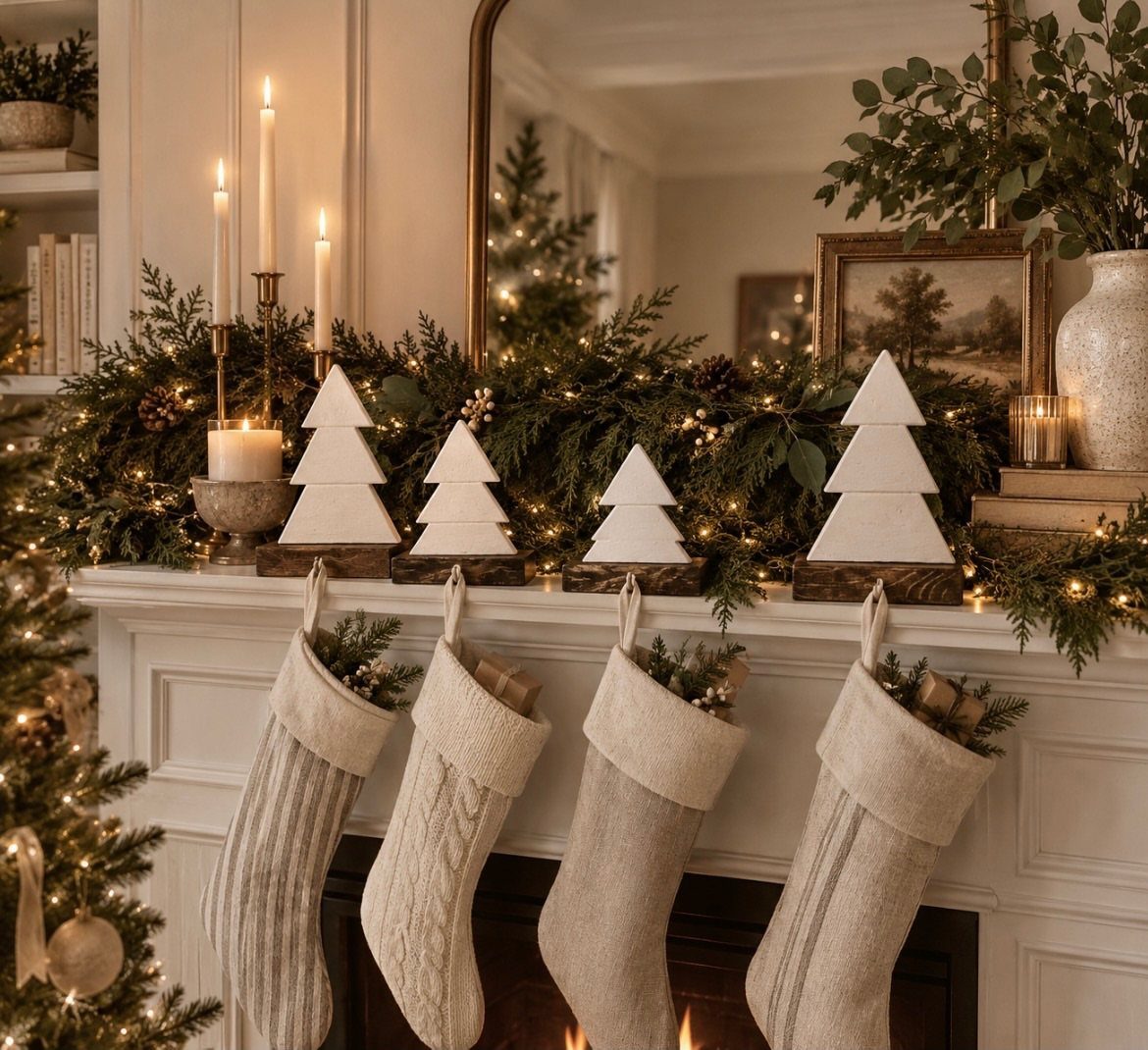 21 Christmas Decor Inspiration Ideas for Your Whole Home 2026 2 Cream knit stockings hanging from a white mantel decorated with evergreen garland and candles.