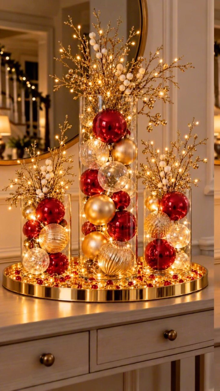 21 Christmas Decor Inspiration Ideas for Your Whole Home 2026 7 Glass cylinders filled with red and gold metallic ornaments and twinkling lights on a gold tray.