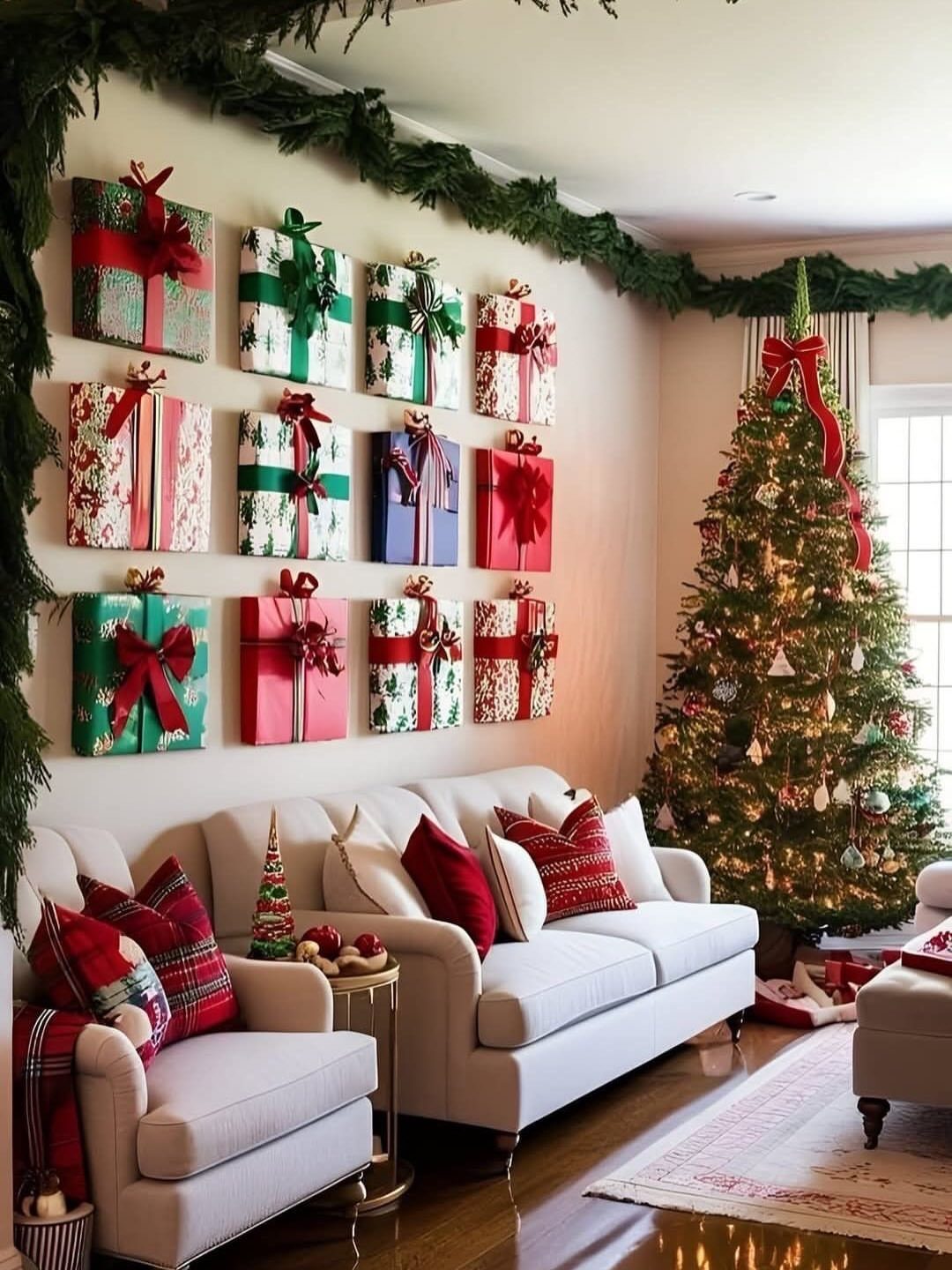 21 Christmas Decor Inspiration Ideas for Your Whole Home 2026 15 Wrapped Christmas gift boxes arranged in a grid on a wall above a white sofa.