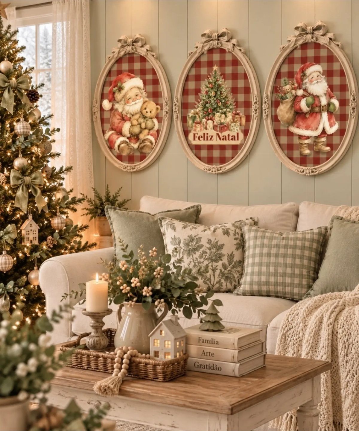 11 Christmas Home Decorating Ideas for 2026: Garlands to Lanterns 9 Framed Christmas wall art hanging above a cozy living room sofa with a decorated tree.