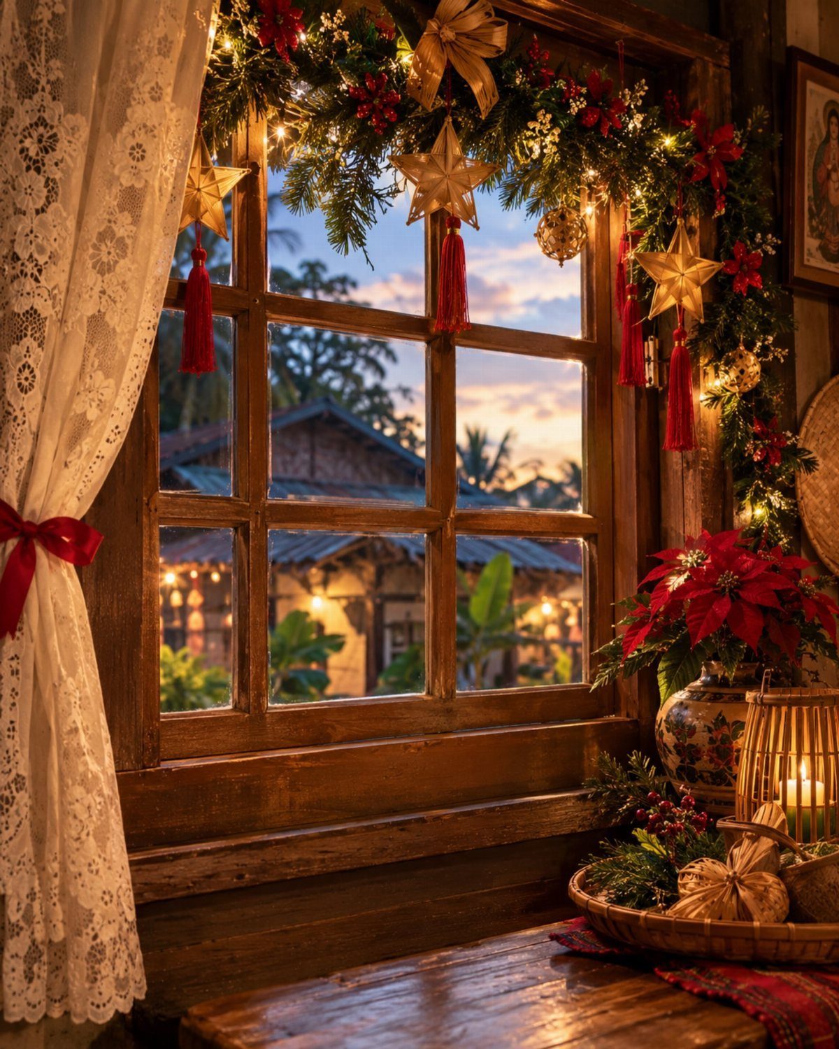 11 Christmas Home Decorating Ideas for 2026: Garlands to Lanterns 8 Evergreen garland with gold stars and red tassels decorating a wooden window frame at sunset.