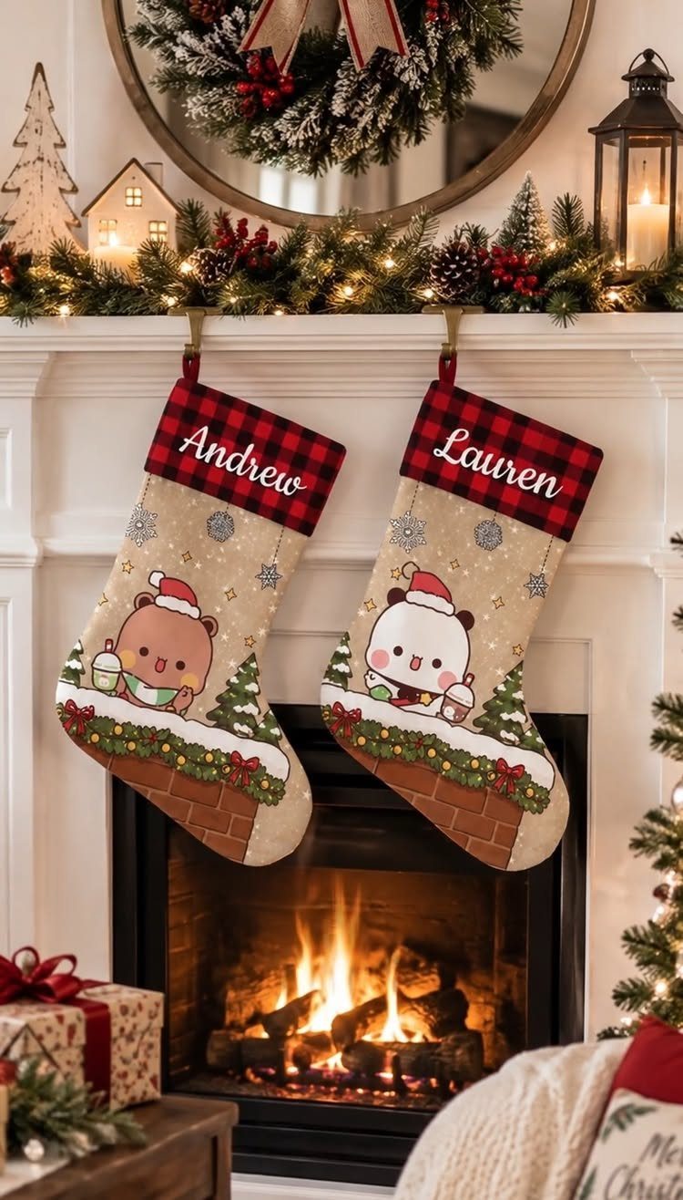 Two personalized Christmas stockings hanging from a white mantel above a glowing fireplace.