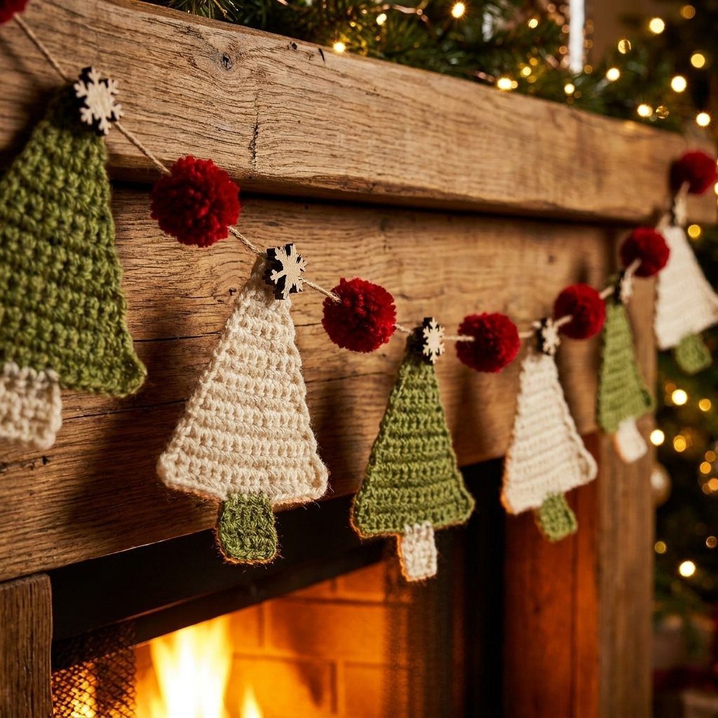 Crochet Christmas tree garland with red pom-poms hanging on a rustic wooden fireplace mantel.