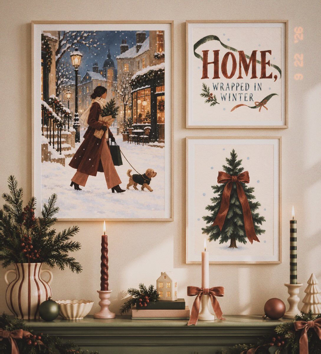 Three framed art pieces hanging on a wall above a decorated Christmas mantelpiece.