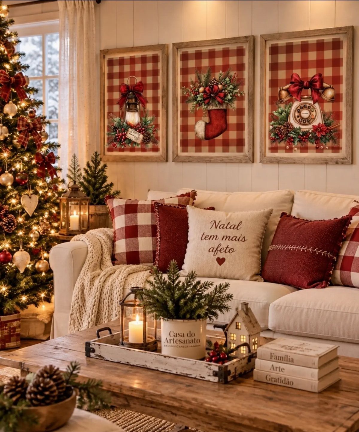 20 Christmas Rustic Decor Ideas for a Warm Holiday Home 11 Cozy living room with a white sofa, red plaid pillows, and a decorated Christmas tree.