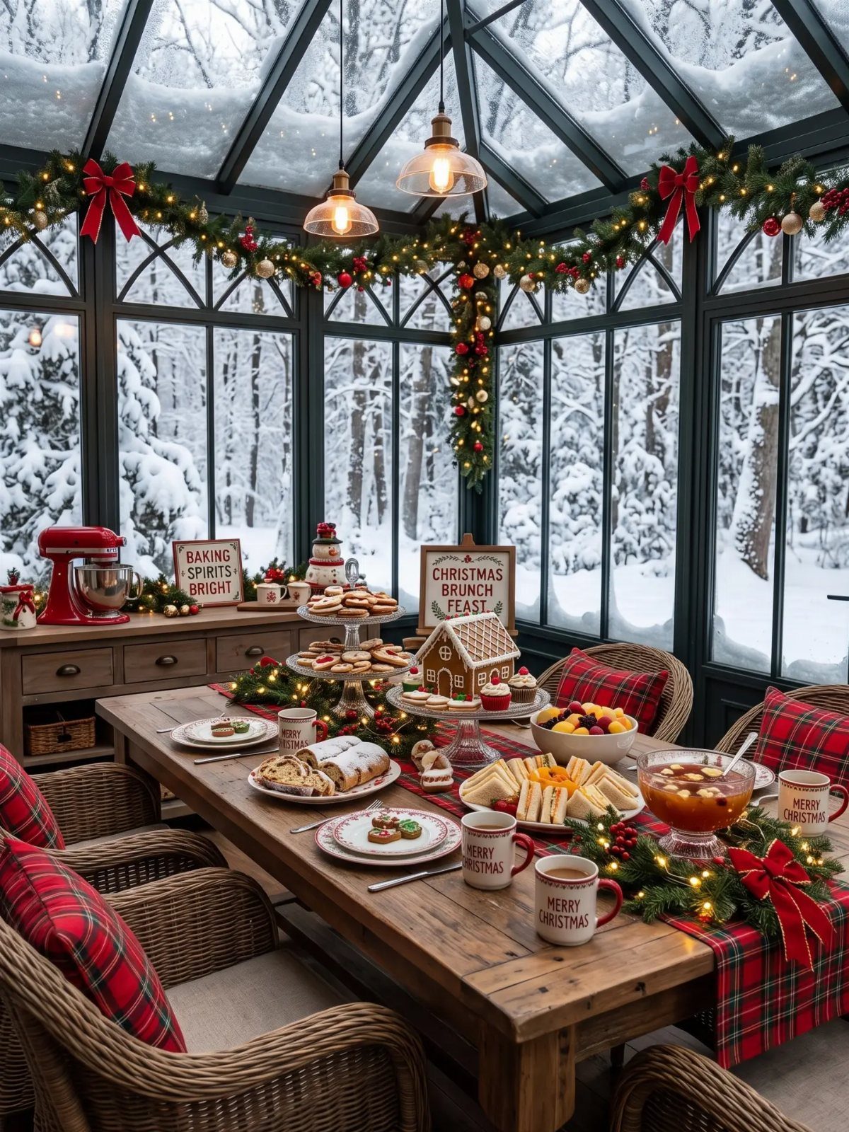 20 Christmas Rustic Decor Ideas for a Warm Holiday Home 7 A festive Christmas brunch tablescape set on a wooden table inside a snowy glass sunroom.