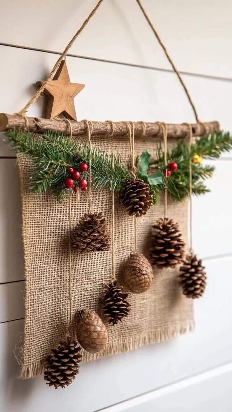 20 Christmas Rustic Decor Ideas for a Warm Holiday Home 10 Burlap wall hanging decorated with evergreen branches, red berries, and hanging pinecones on a white wall.