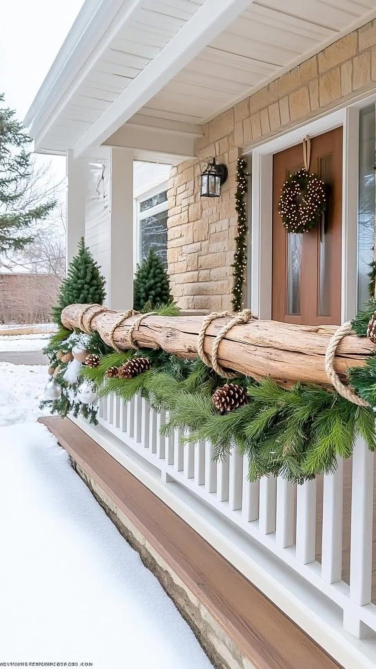20 Christmas Rustic Decor Ideas for a Warm Holiday Home 18 Evergreen branches and pinecones decorate a white porch railing alongside a large rustic log.