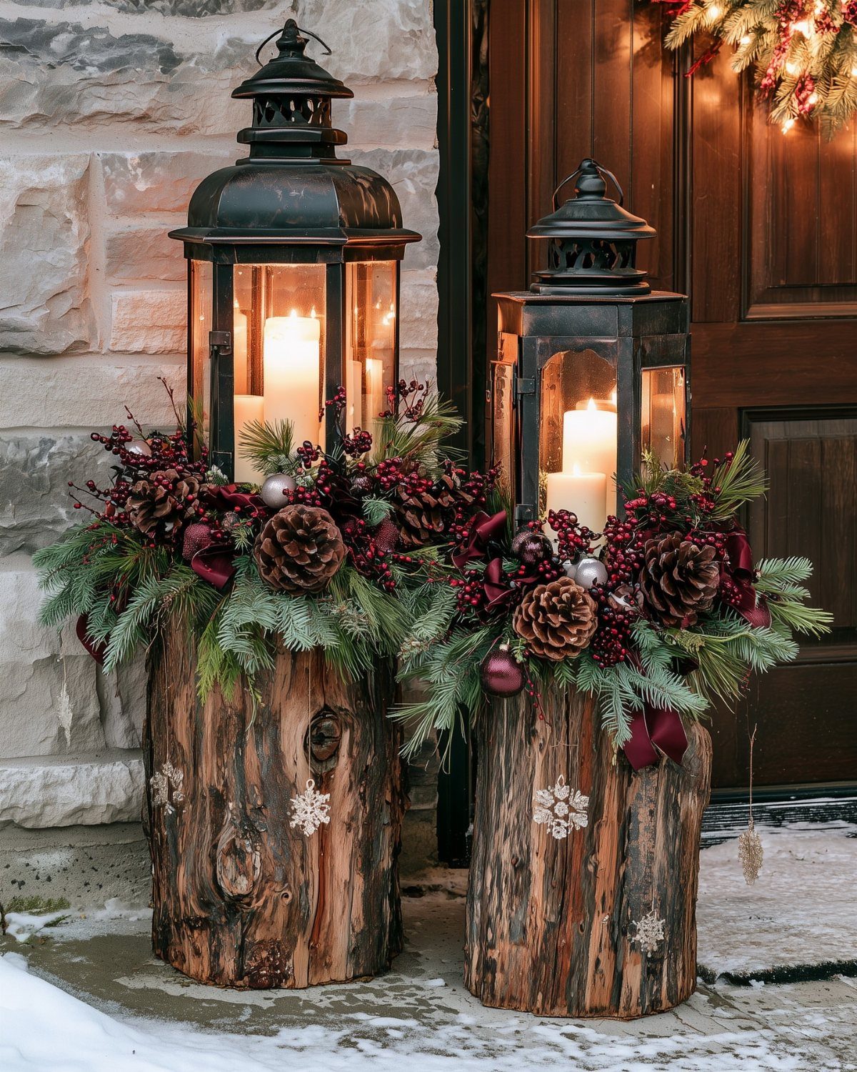 20 Christmas Rustic Decor Ideas for a Warm Holiday Home 5 Black metal lanterns with lit candles resting on wooden logs decorated with pinecones and greenery.