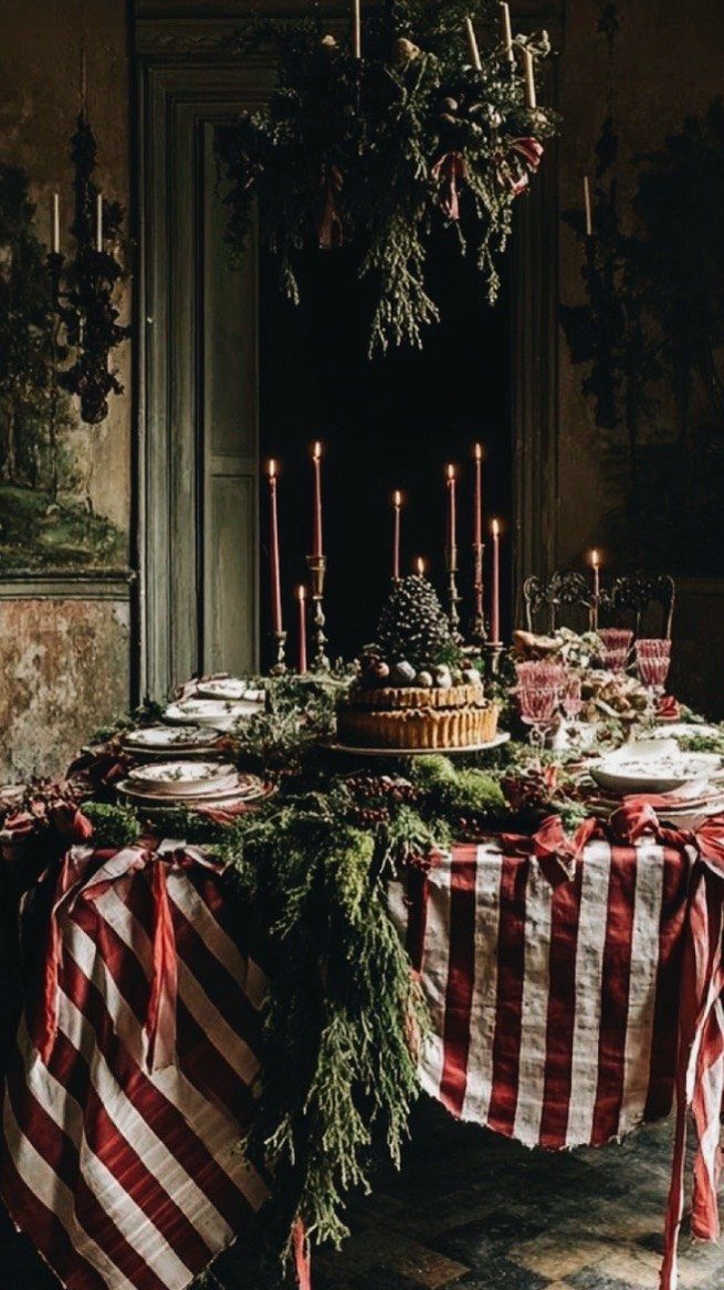 20 Christmas Rustic Decor Ideas for a Warm Holiday Home 9 A festive dining table decorated with red taper candles and lush green evergreen branches.