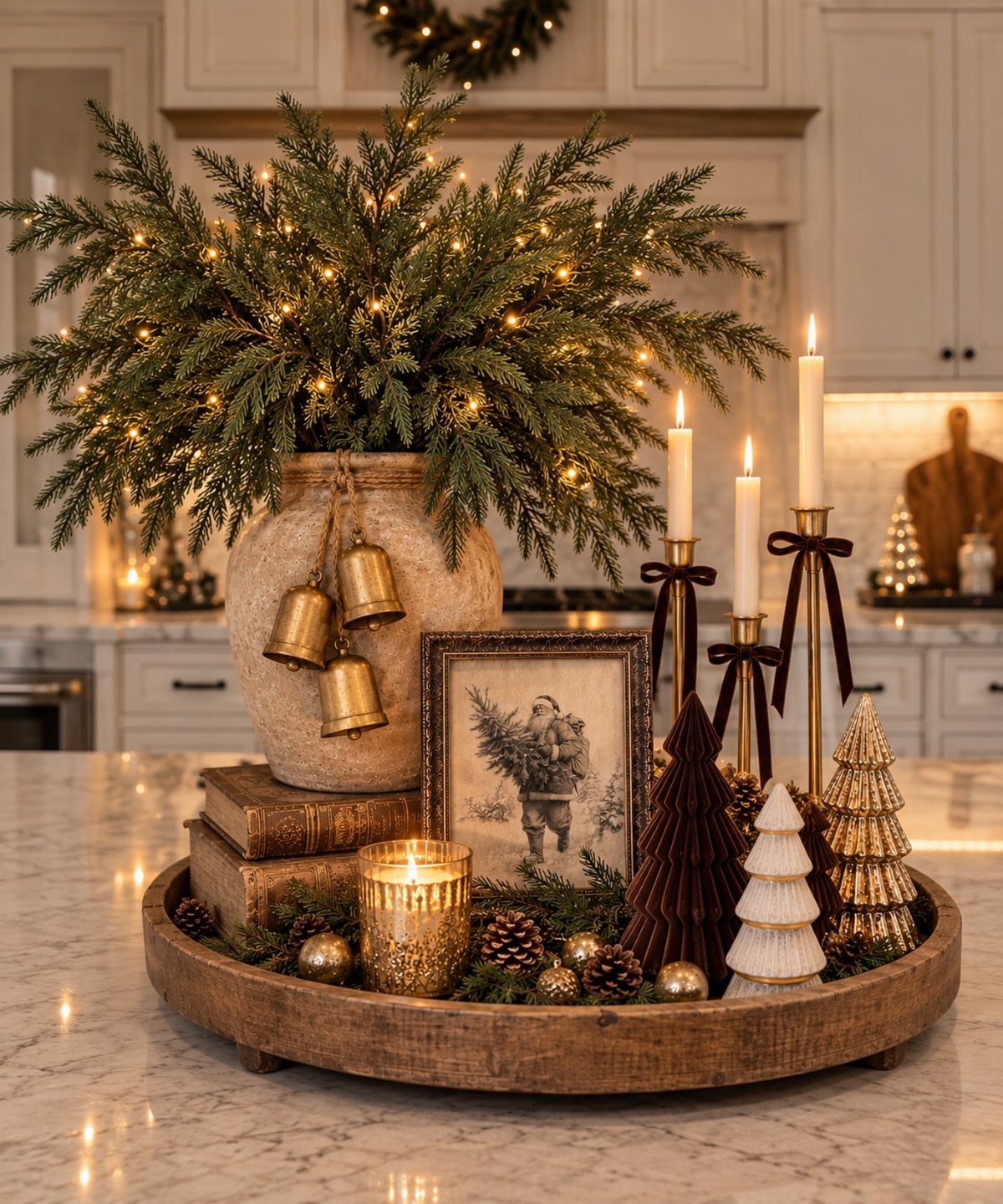 20 Christmas Rustic Decor Ideas for a Warm Holiday Home 8 Tarnished gold bells hanging from a textured vase filled with lit evergreen branches.