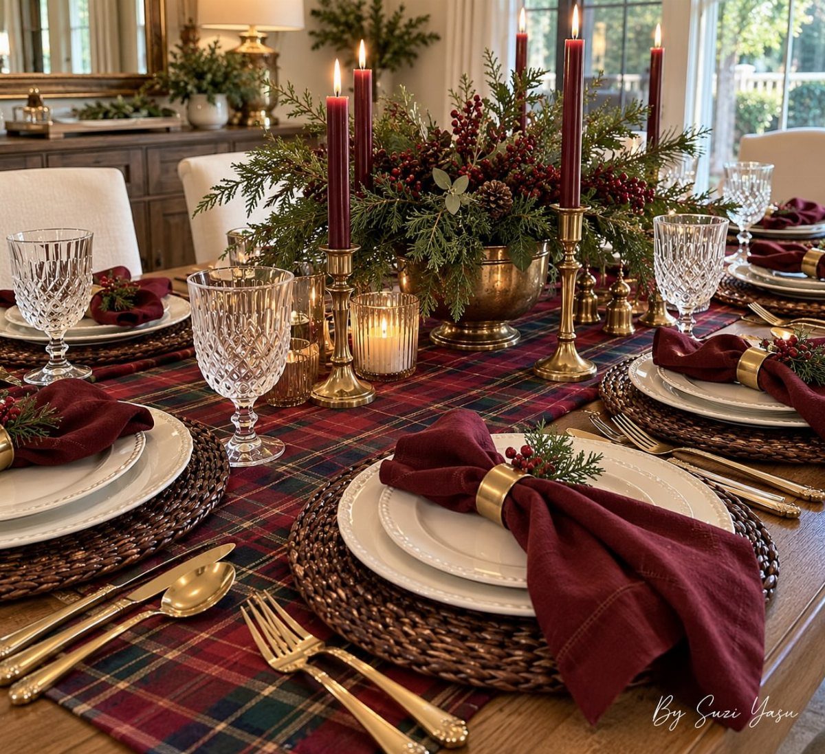 20 Christmas Rustic Decor Ideas for a Warm Holiday Home 20 A festive dining table set with red plaid runners, burgundy napkins, and evergreen centerpieces.