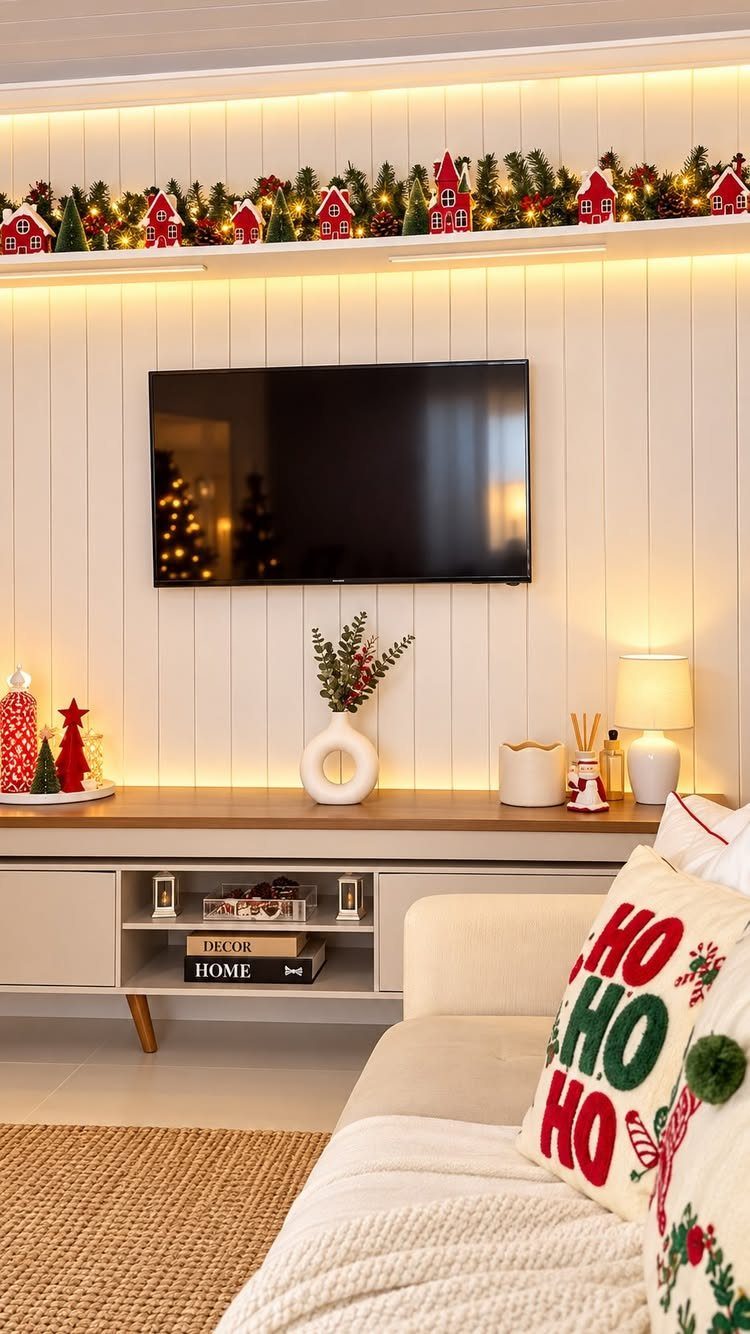 19 Christmas Village Ideas for Displaying a Miniature Scene 8 Miniature red houses and pine garlands decorating a long white floating shelf above a television.