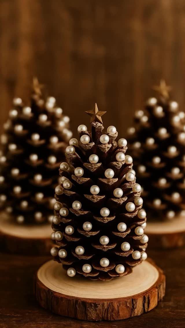 19 Christmas Village Ideas for Displaying a Miniature Scene 6 Three pine cone trees decorated with white pearls and gold stars on wooden bases.