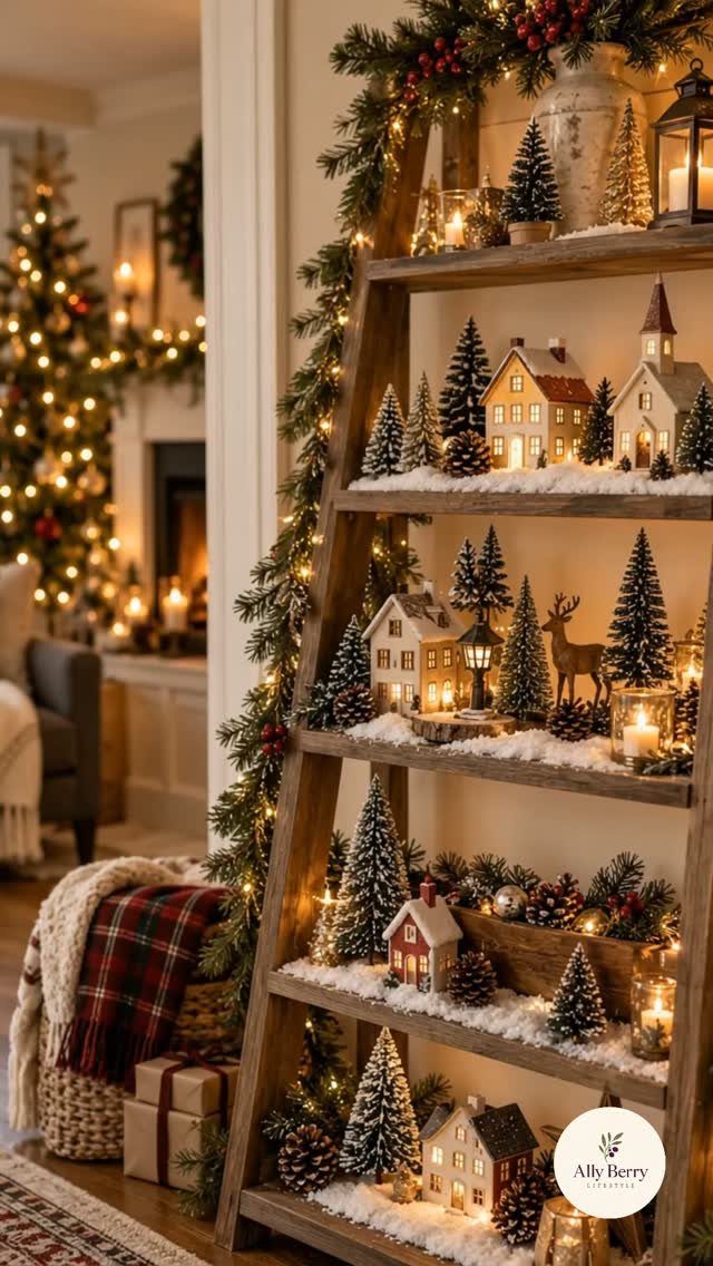 19 Christmas Village Ideas for Displaying a Miniature Scene 2 Miniature Christmas village houses and trees displayed on the shelves of a wooden ladder.