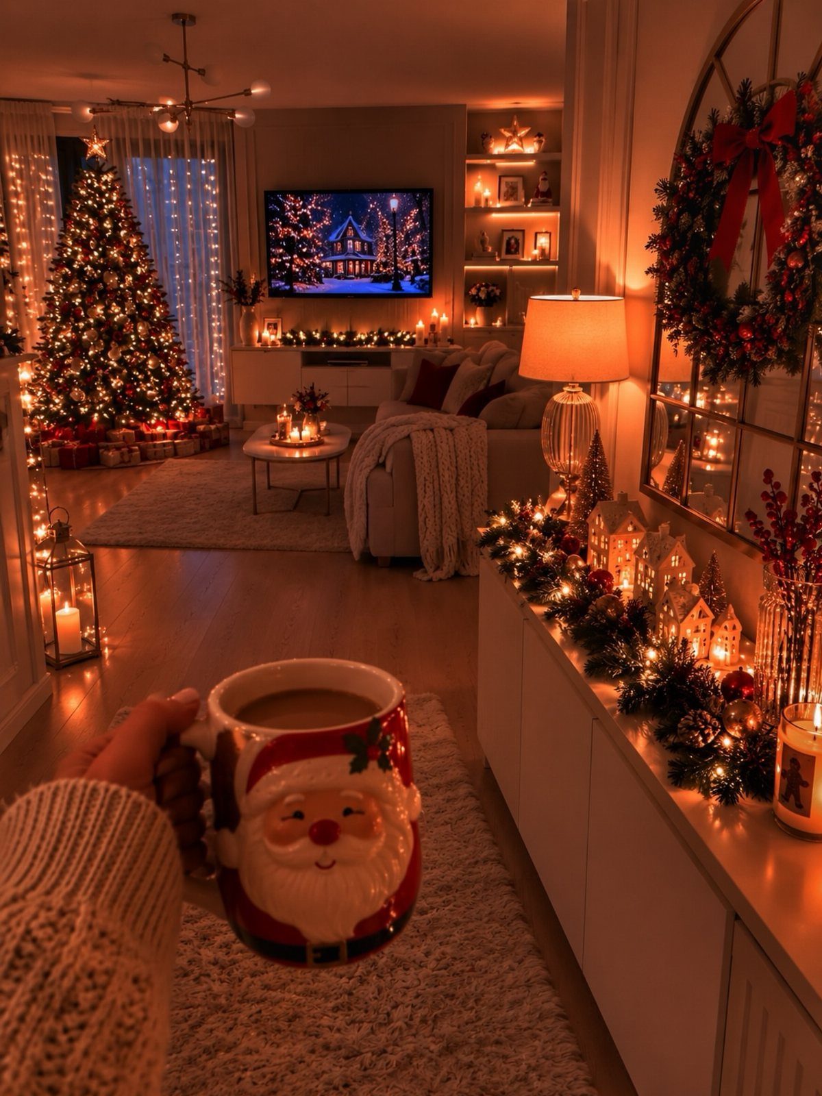 19 Christmas Village Ideas for Displaying a Miniature Scene 10 A decorated living room with a glowing Christmas tree and a miniature village display on a sideboard.