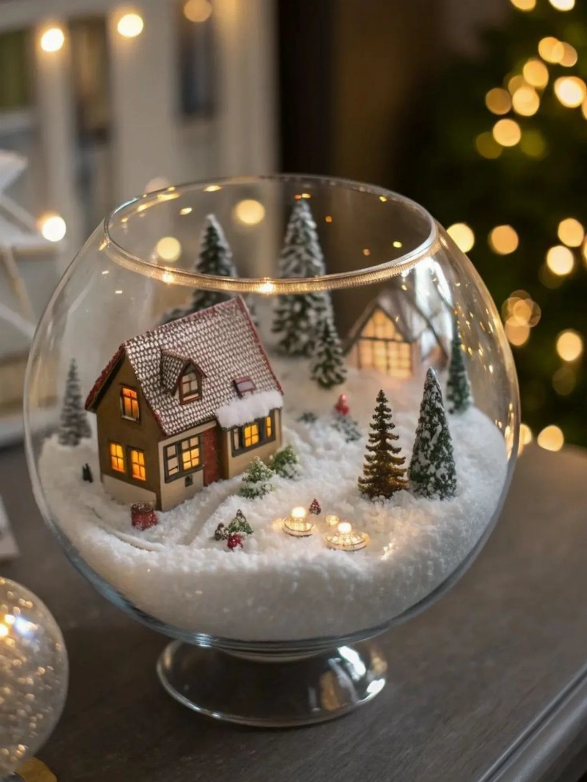 19 Christmas Village Ideas for Displaying a Miniature Scene 7 Miniature snowy village with small houses and trees inside a large glass bowl.