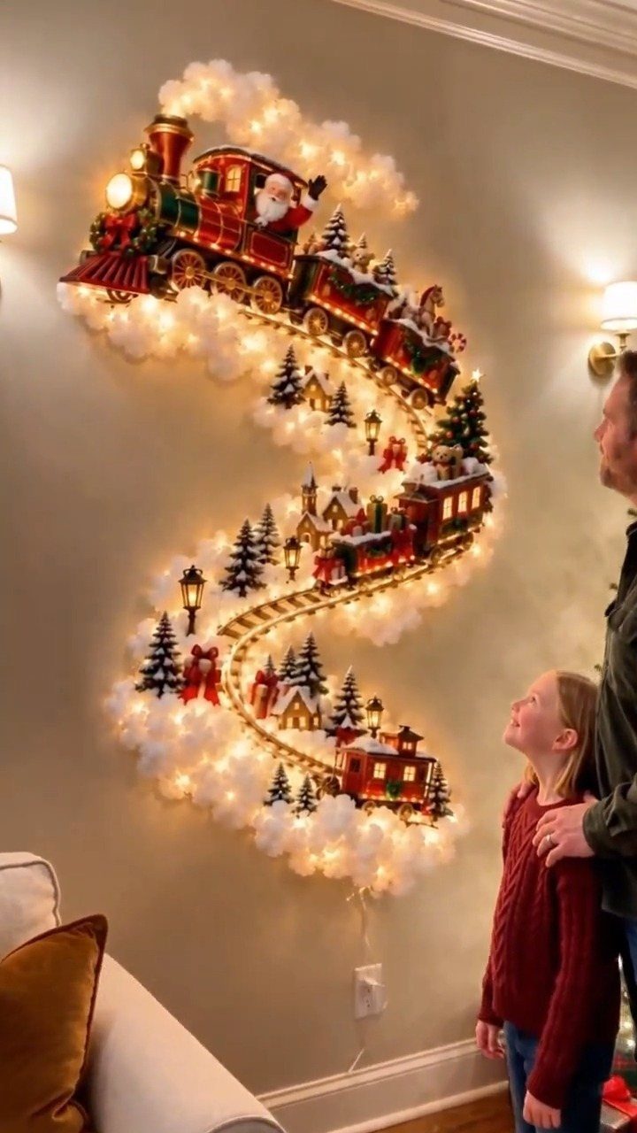 19 Christmas Village Ideas for Displaying a Miniature Scene 17 A winding wall display of miniature Christmas trains and houses nestled in white fluffy lights.