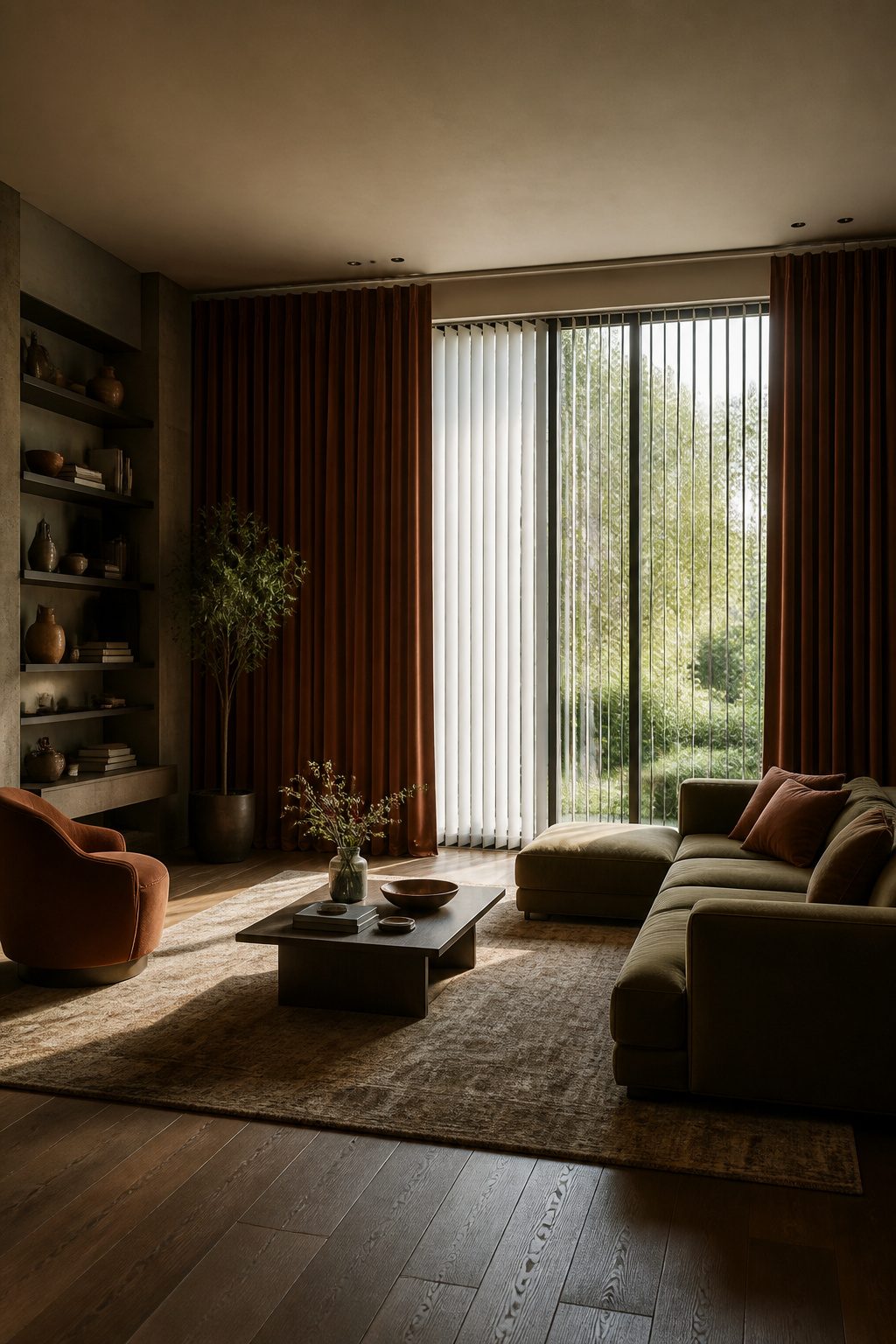 Heavy curtains paired with vertical blinds in a quiet room.
