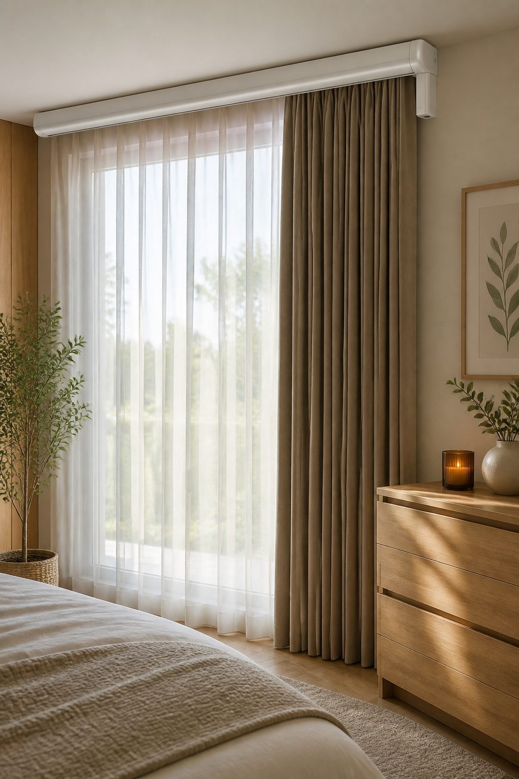 Motorized curtain system installed in a bedroom window.