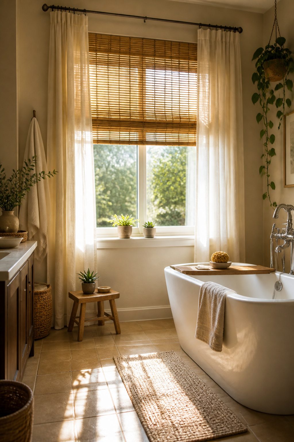 Bamboo blinds and cotton curtains in a bright bathroom.