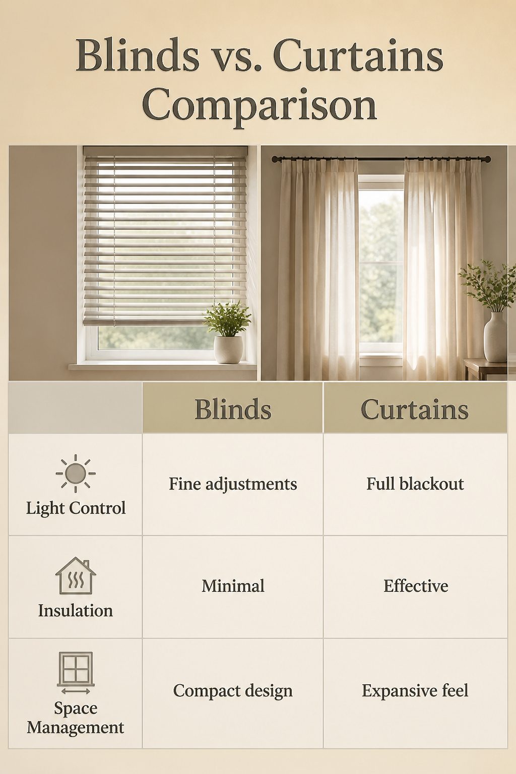 Comparison of blinds and curtains illustrating their functions.