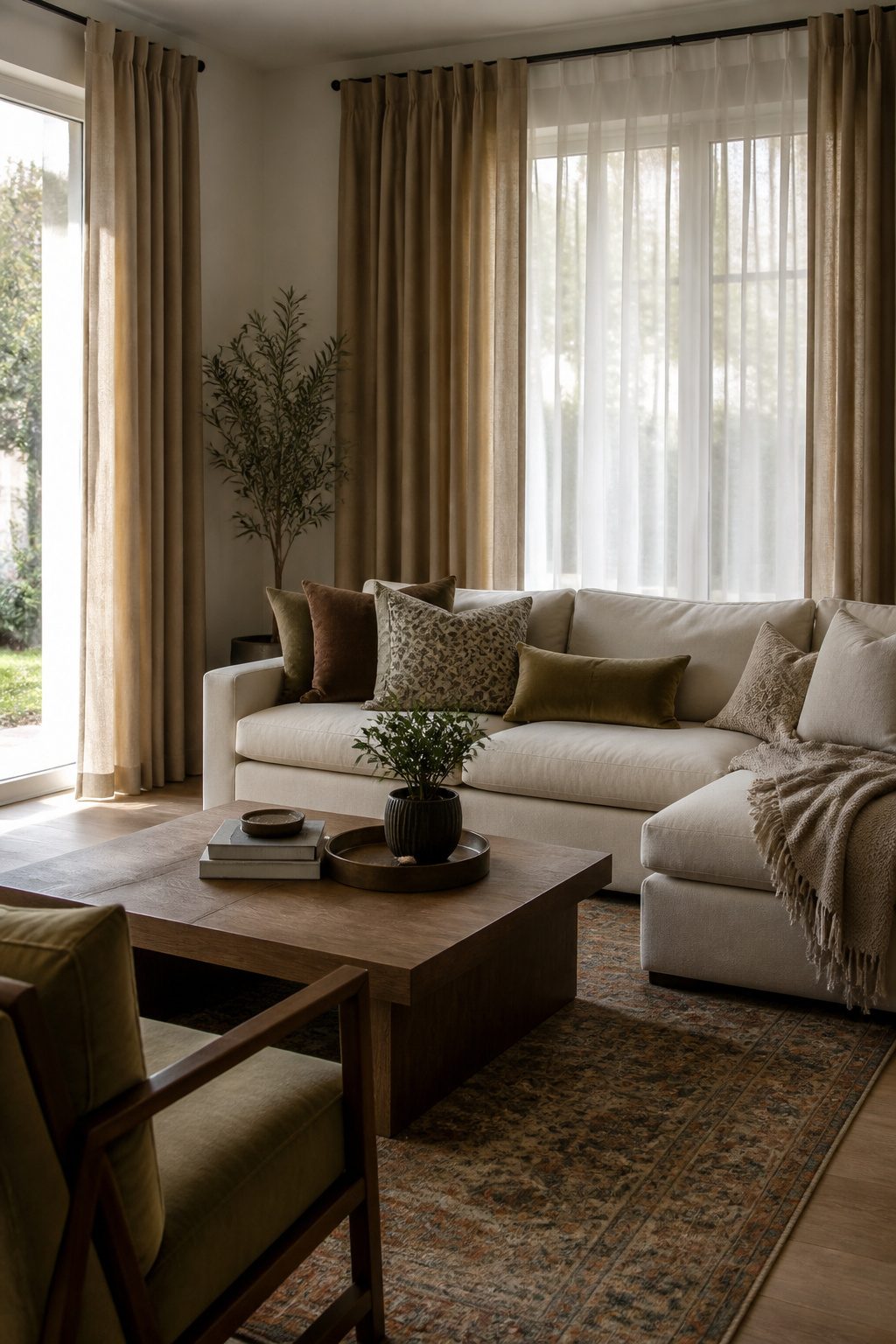 Multiple window treatments styled in a softly lit living room.
