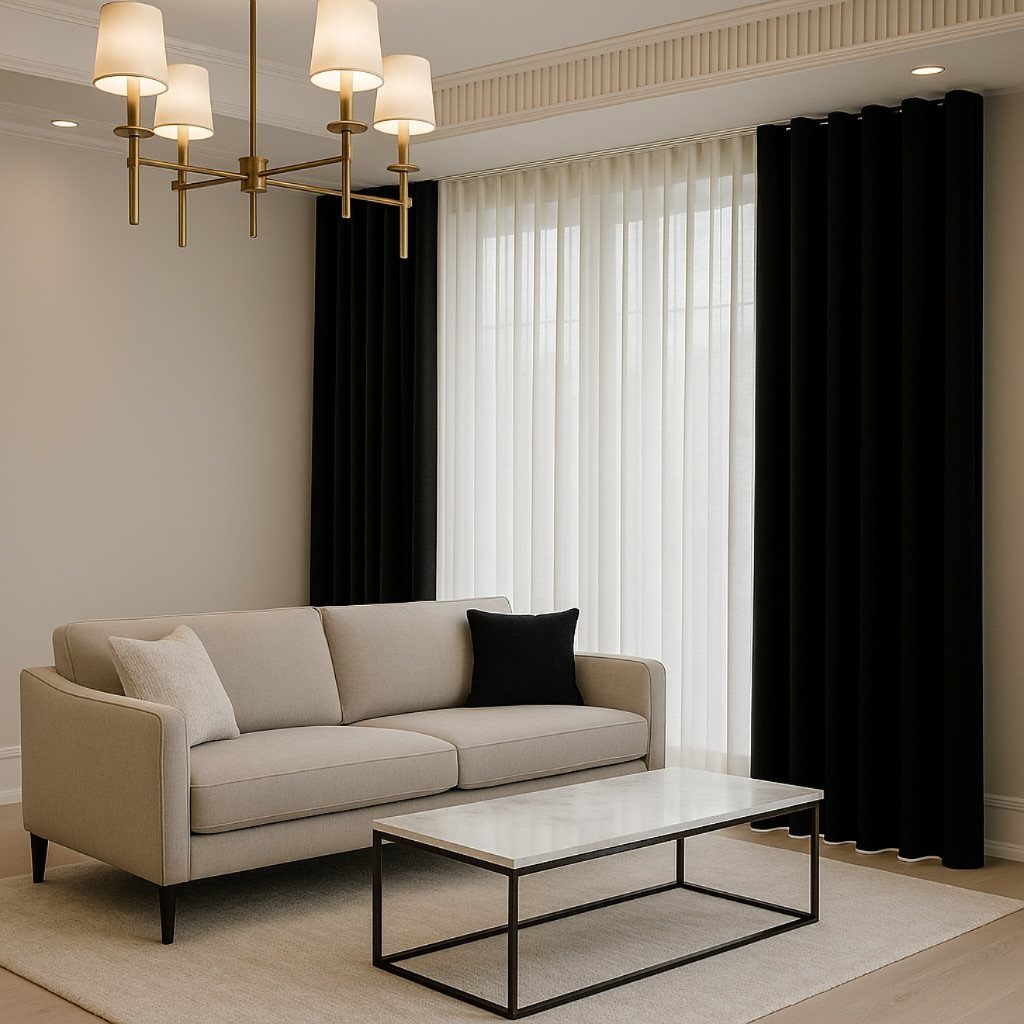 Black and white curtains hanging in a modern living room with a beige sofa.