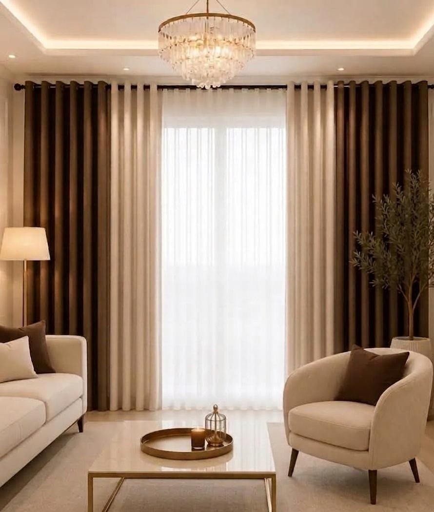 Brown and cream curtains hanging in a bright, modern living room with elegant furniture.