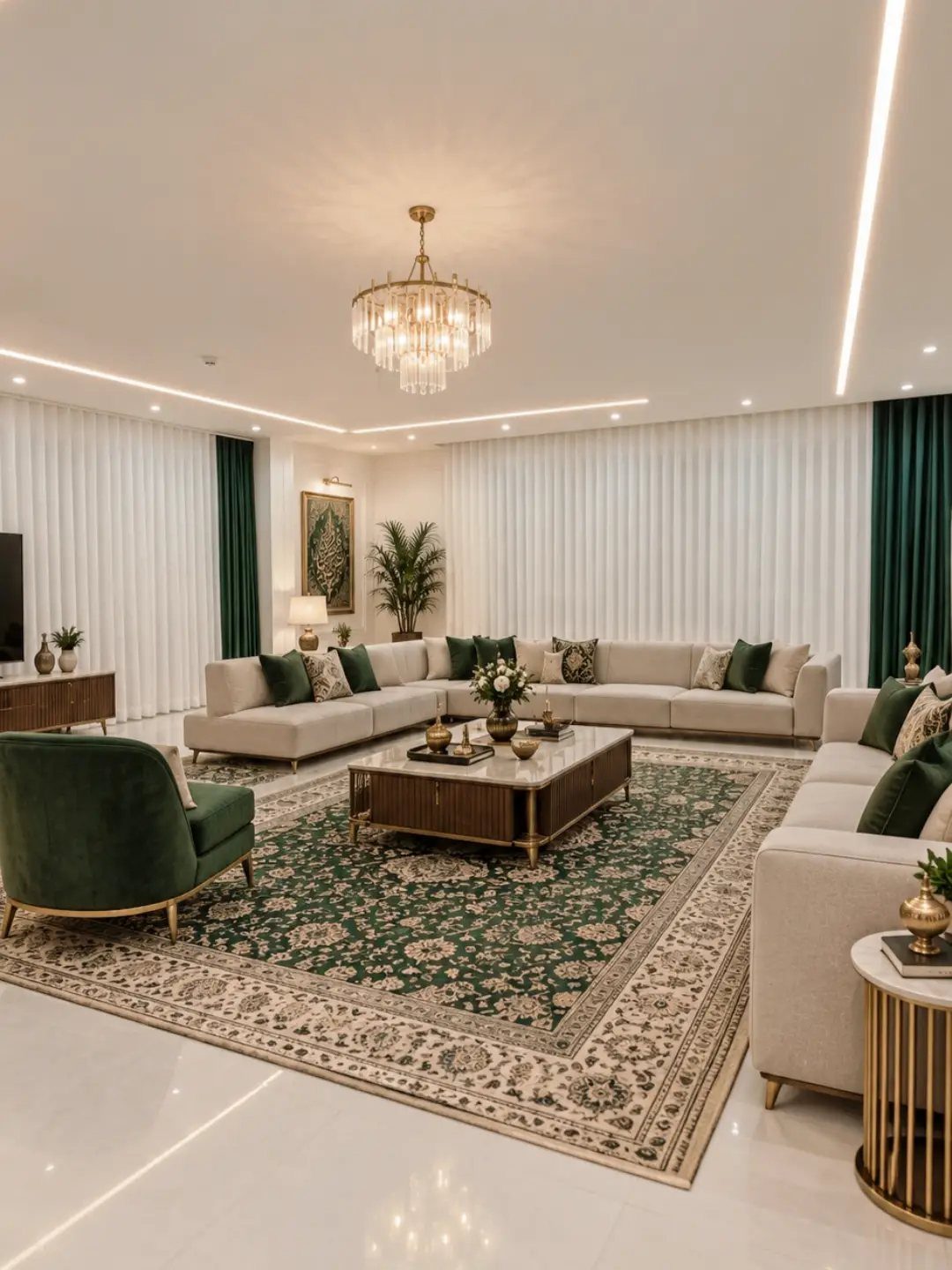 Cream sectional sofa and green velvet armchair in a living room with green drapes.