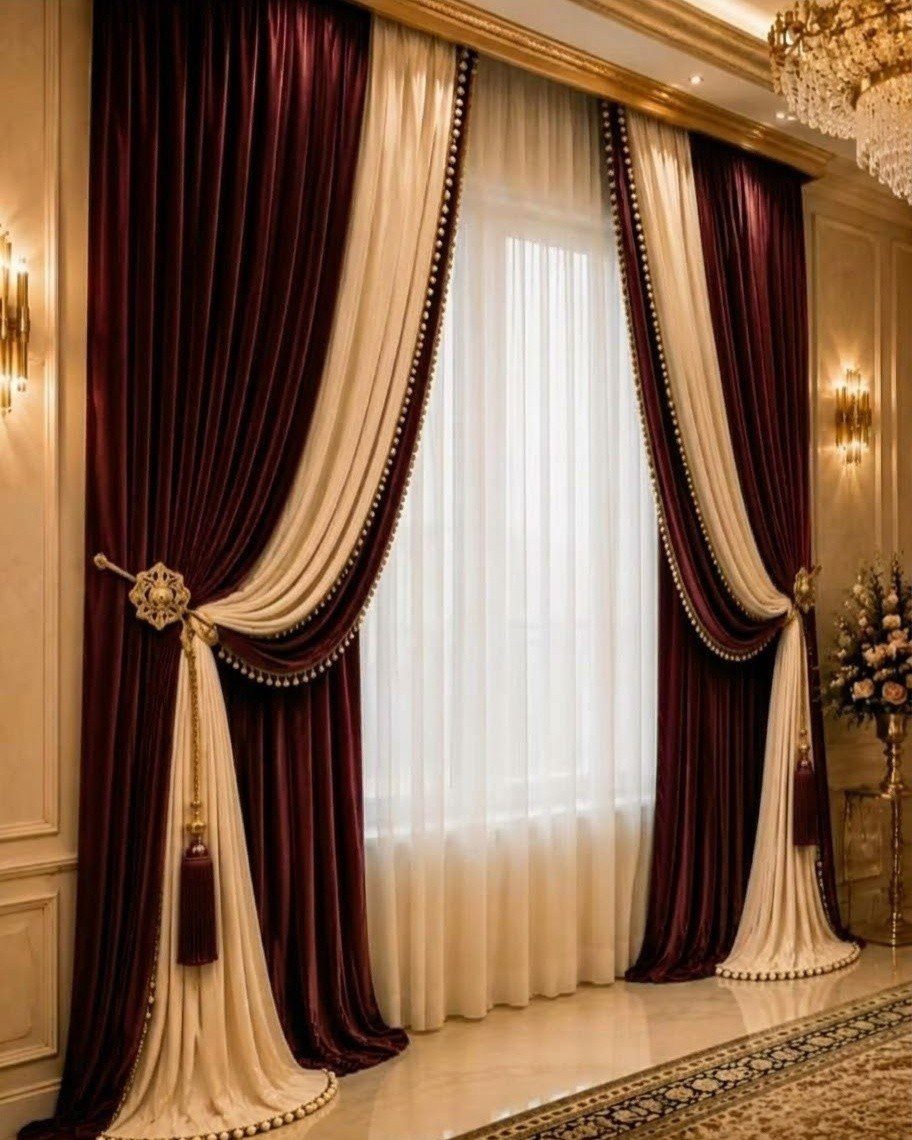 Maroon velvet curtains with cream accents and gold tiebacks hanging over a large window.