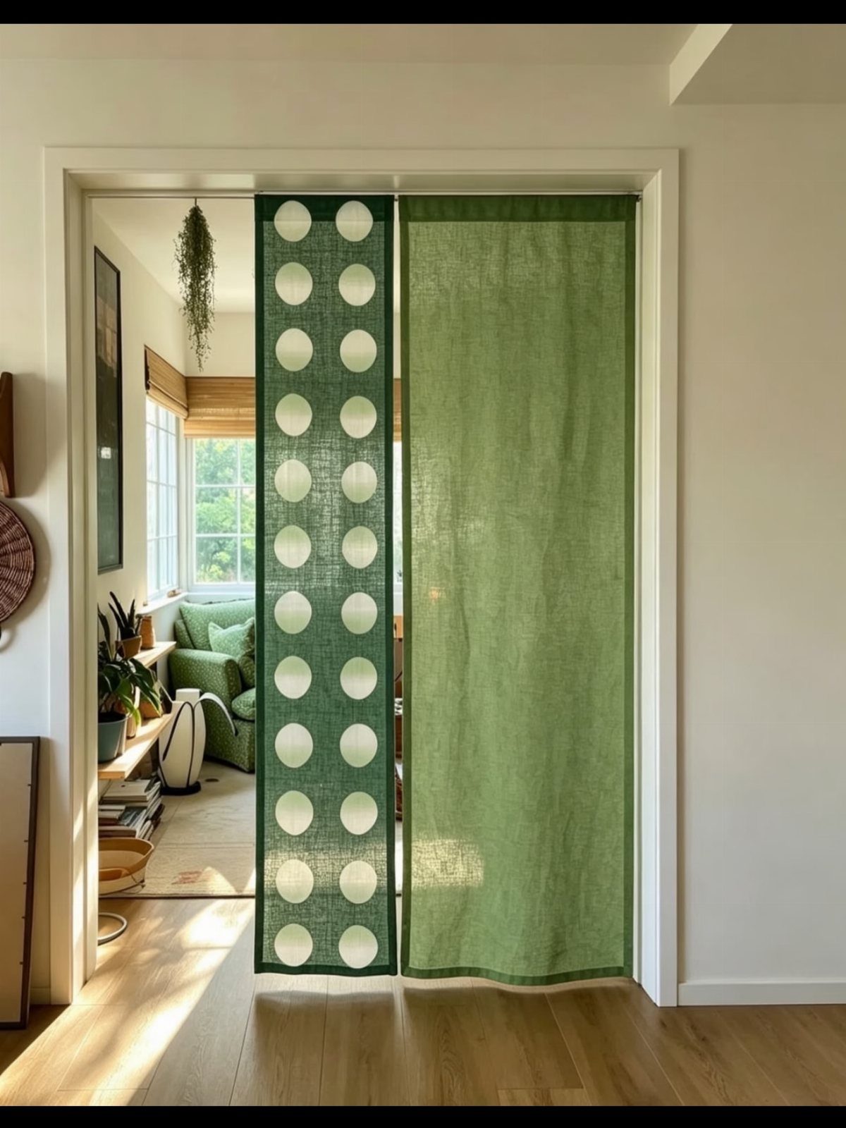 Green polka dot and solid sage green fabric panels hanging in a doorway.