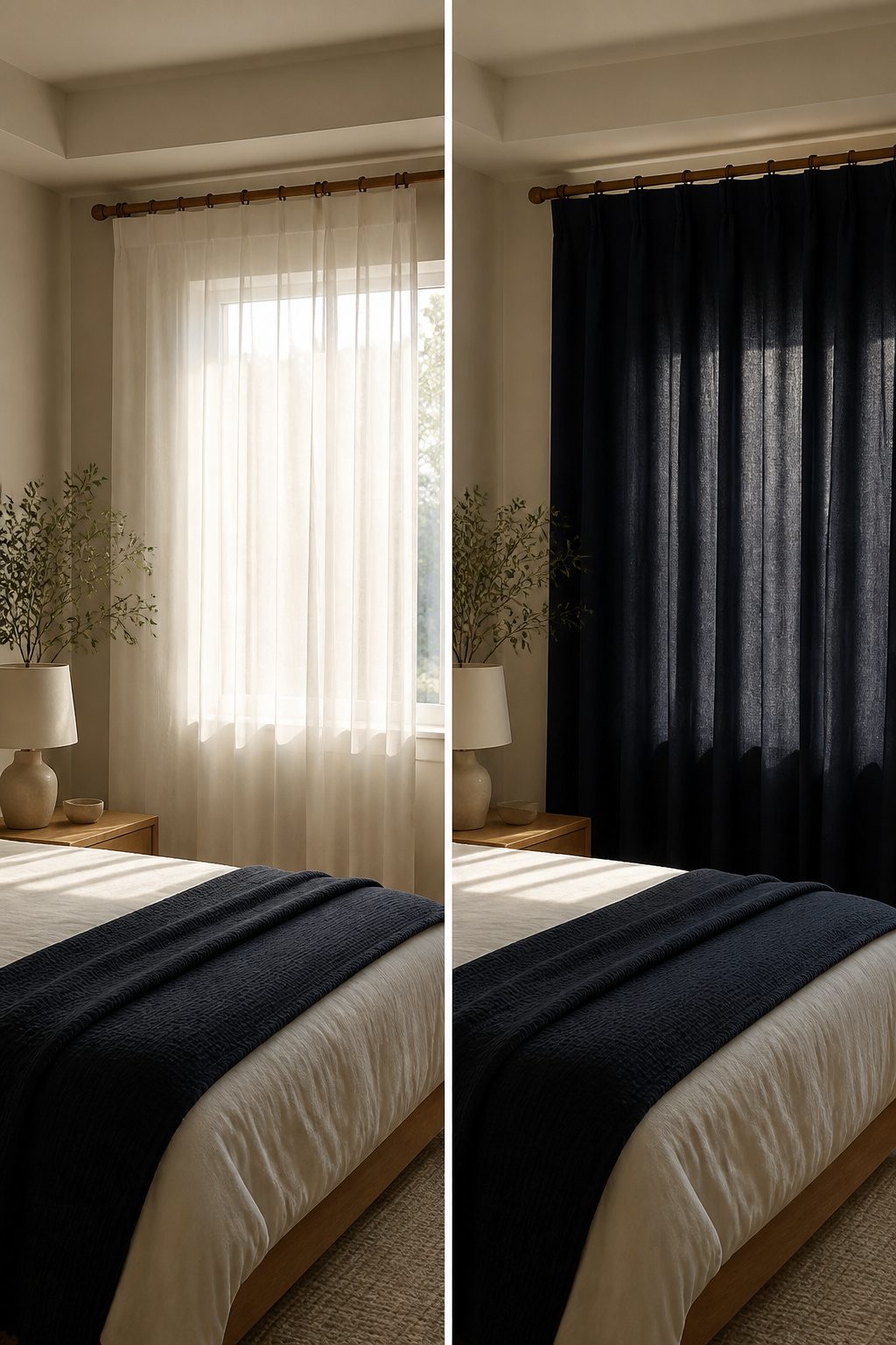Bedroom Window Curtains: Blackout, Sheer, Linen, Velvet, Patterned & Blinds 1 A pair of solid black blackout curtains hanging in a bedroom.