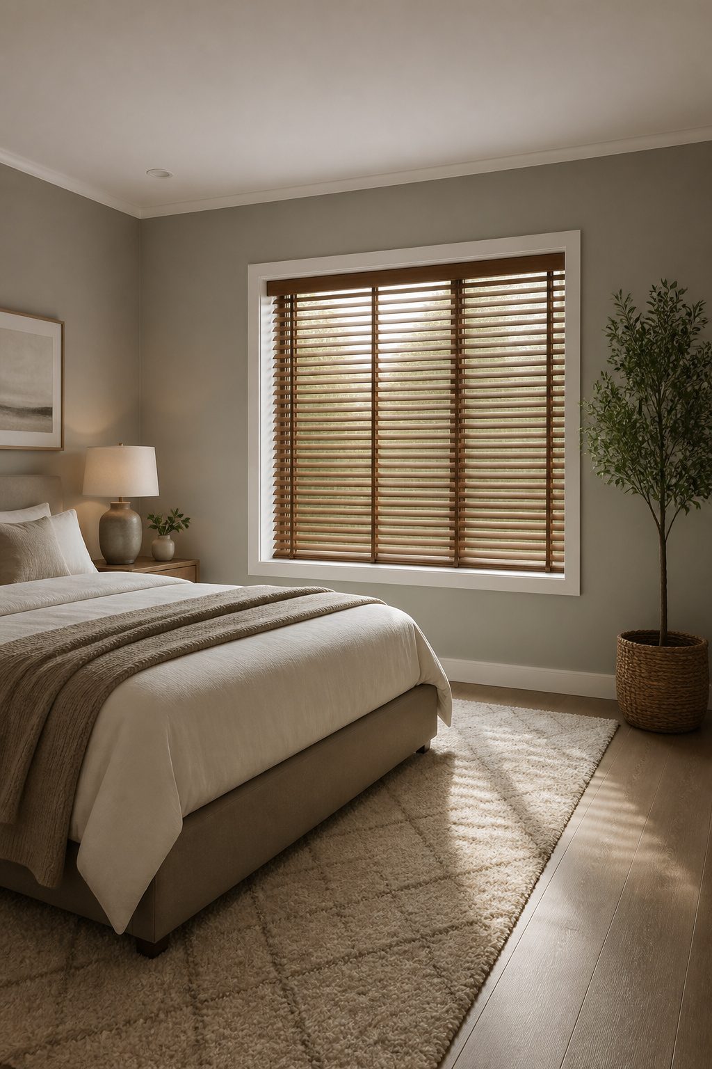 Bedroom Window Curtains: Blackout, Sheer, Linen, Velvet, Patterned & Blinds 6 Modern blinds installed inside a bedroom window frame.