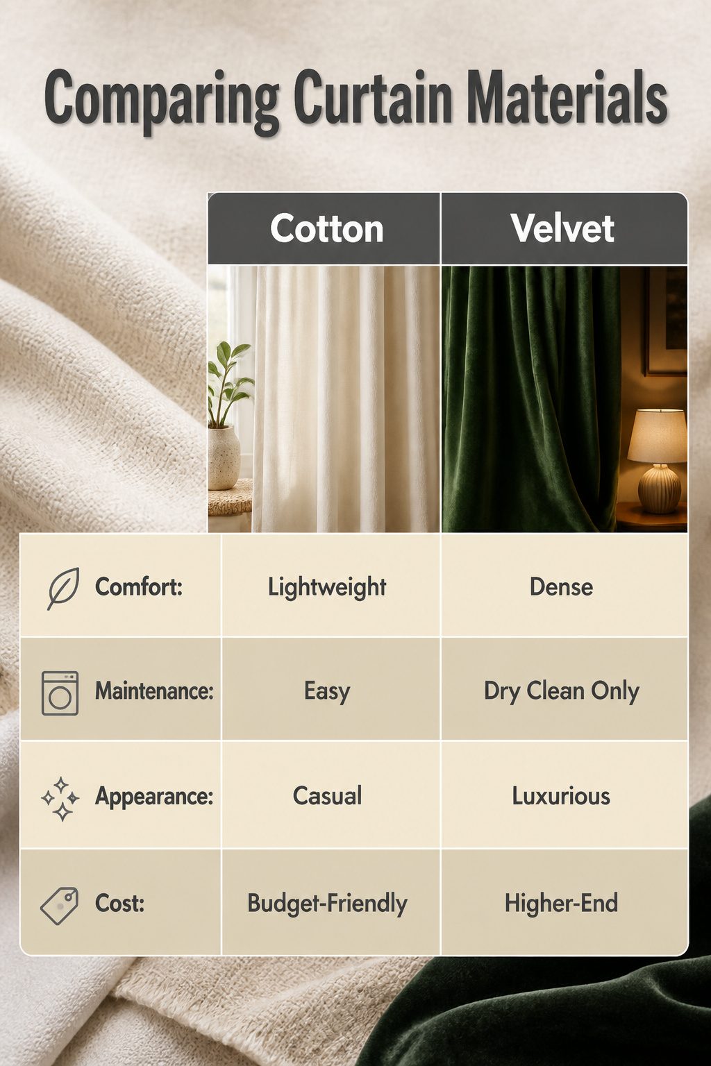 Bedroom Window Curtains: Blackout, Sheer, Linen, Velvet, Patterned & Blinds 7 A comparison of various curtain materials displayed side by side.