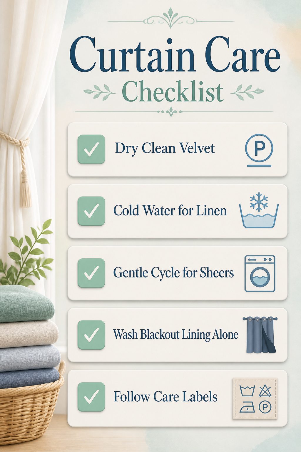 Bedroom Window Curtains: Blackout, Sheer, Linen, Velvet, Patterned & Blinds 10 Checklist for cleaning and maintaining various types of curtains.