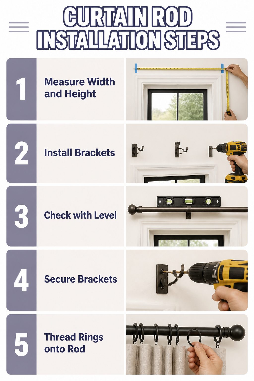 Bedroom Window Curtains: Blackout, Sheer, Linen, Velvet, Patterned & Blinds 8 Step-by-step visual guide on installing curtain rods.